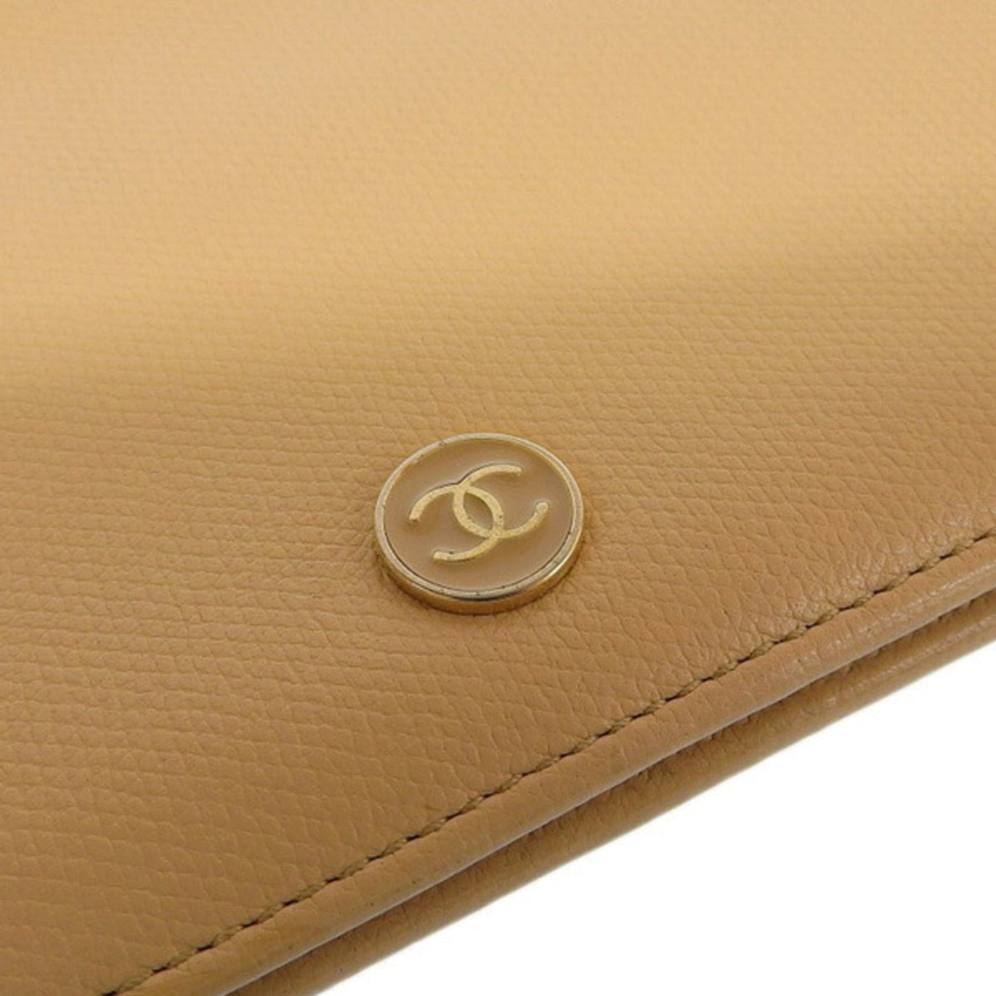 Luxury Chanel Leather Coco Button Bifold Long Wallet Beige Ladies