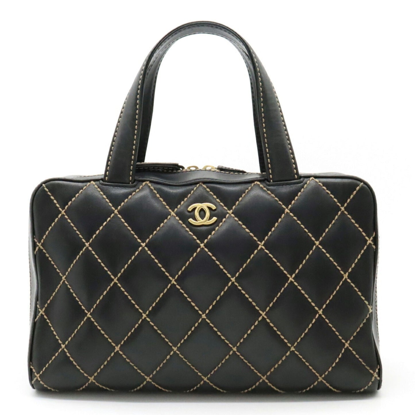 Luxury Chanel Wild Stitch Handbag Boston Bag Leather Black A14692