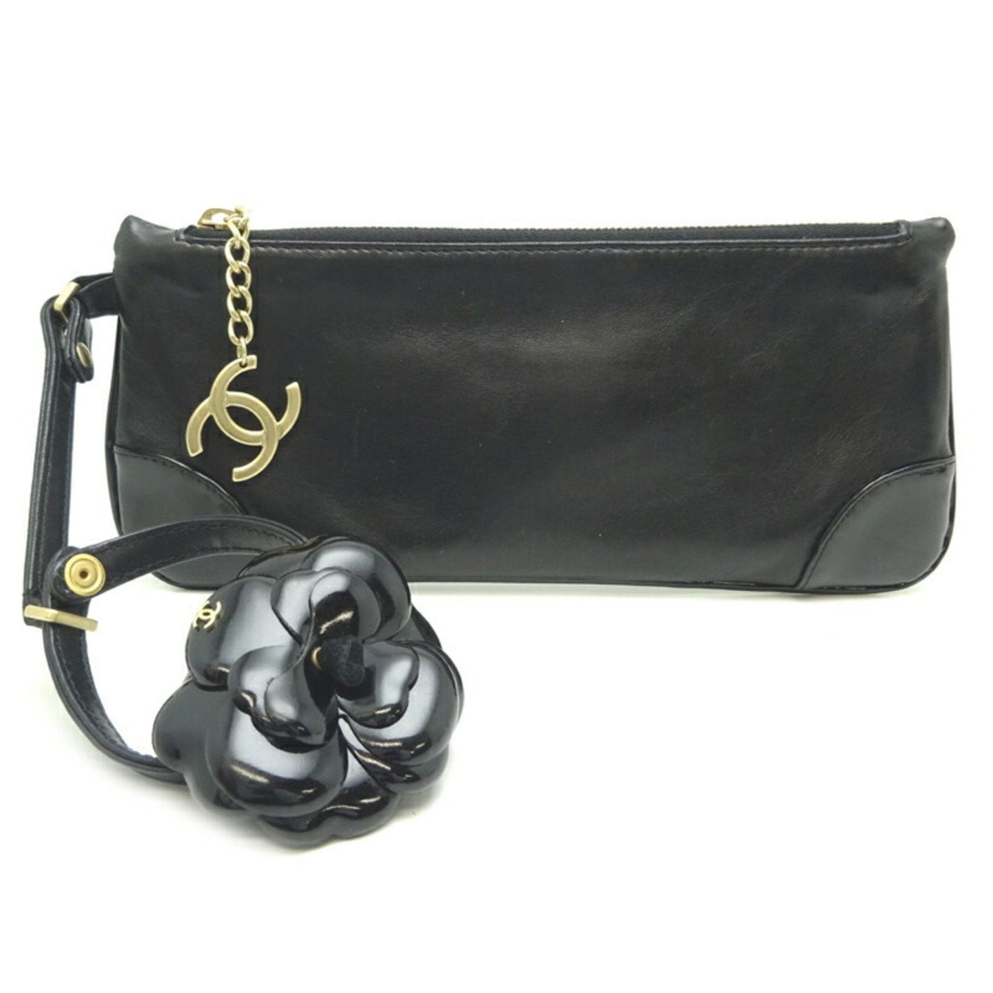 Luxury Chanel Camellia Pouch Women's and Men's Handbag Leather Black
