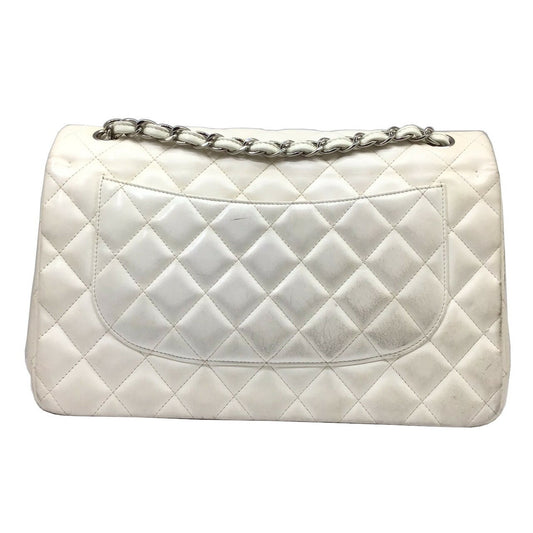 CHANEL Matelasse Deka 30 White Lambskin Silver Hardware Chain Shoulder Double Flap Women's