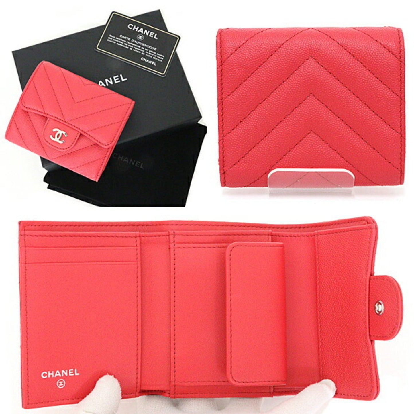 Luxury Chanel V stitch small tri-fold wallet A81900 25s red