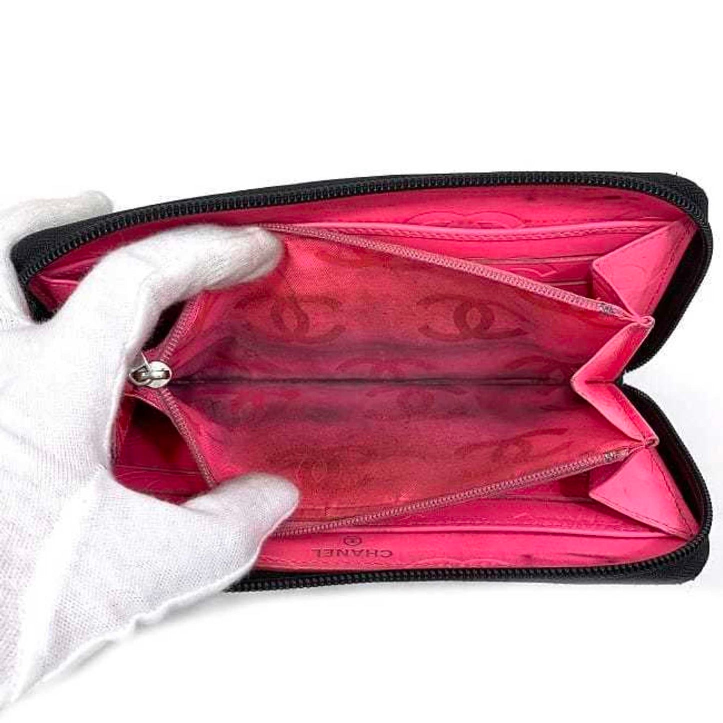 Luxury Chanel Round Long Wallet Black Pink Silver Cambon A50078 Cocomark Leather Lambskin 16th  Purse Women's