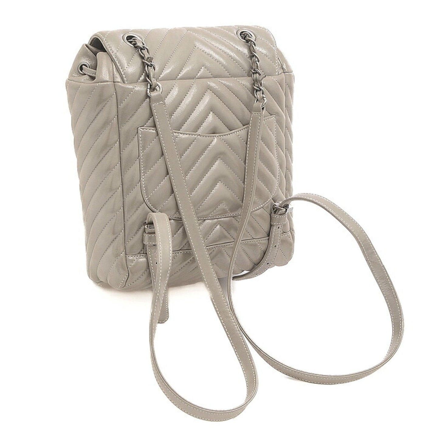 Luxury Chanel Chevron V Stitch Rucksack Backpack Leather Silver A91121