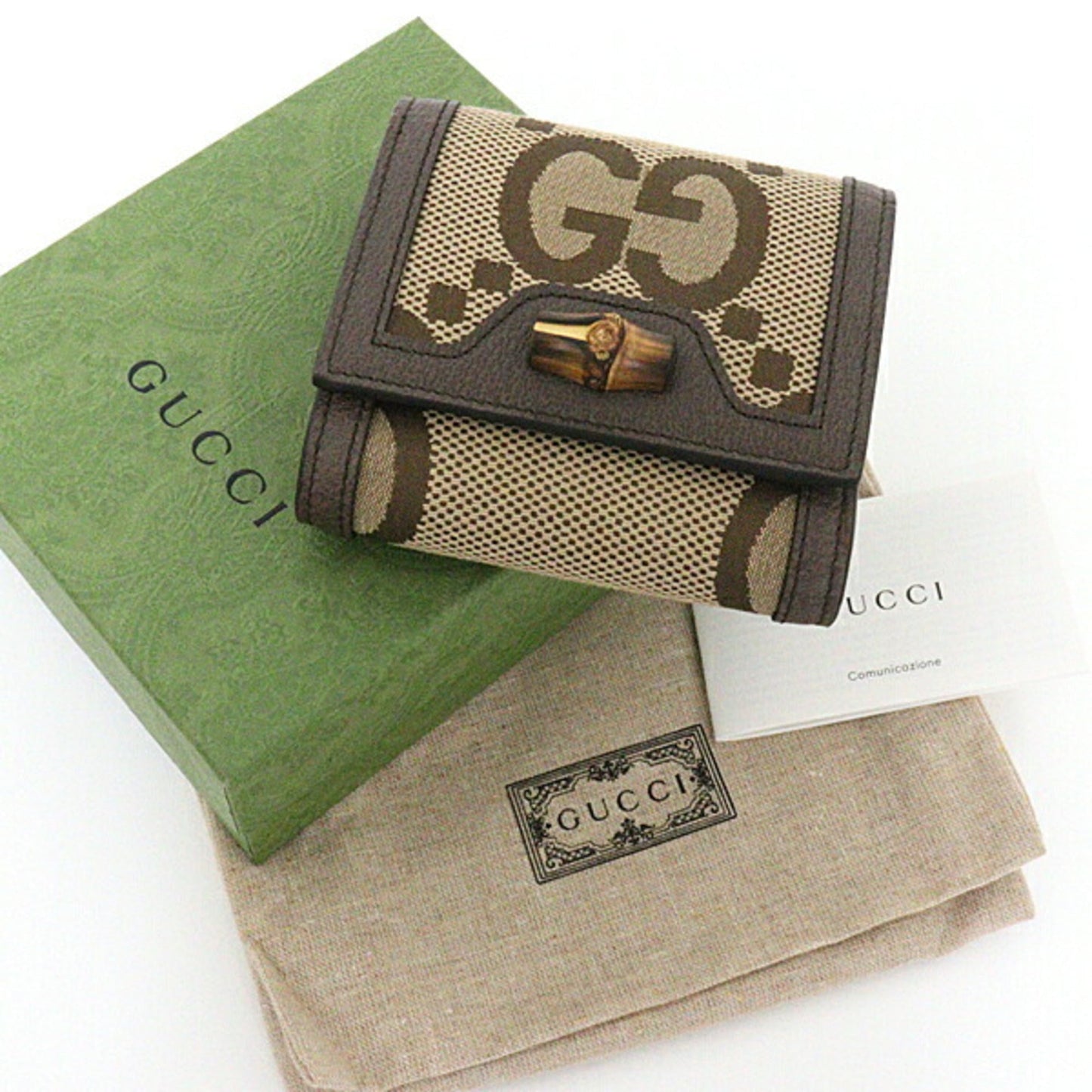 Luxury Gucci Jumbo GG Diana Bamboo Compact Wallet Bifold L-shaped Zipper Coin Purse Canvas 658635 Brown Gold Hardware