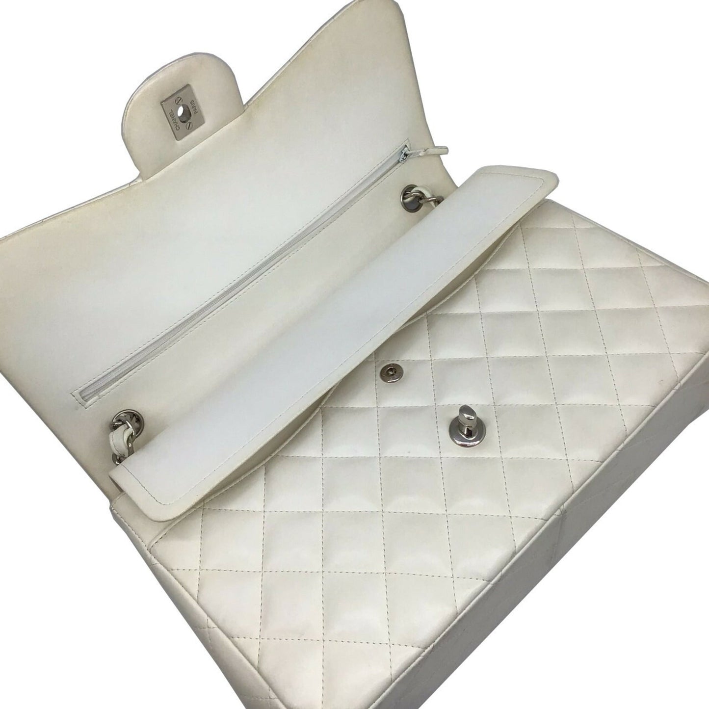 CHANEL Matelasse Deka 30 White Lambskin Silver Hardware Chain Shoulder Double Flap Women's