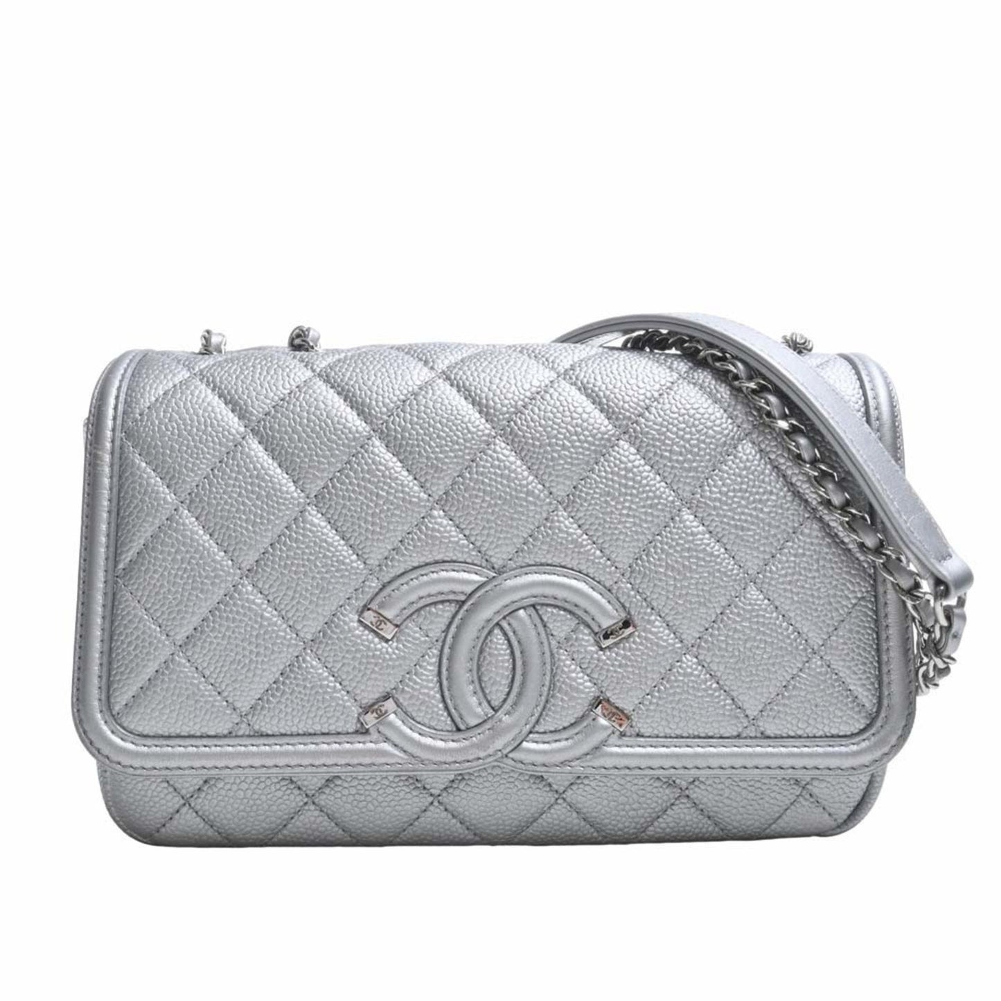 Luxury Chanel Caviar Skin Matelasse CC Filigree Chain Shoulder Bag Silver Ladies