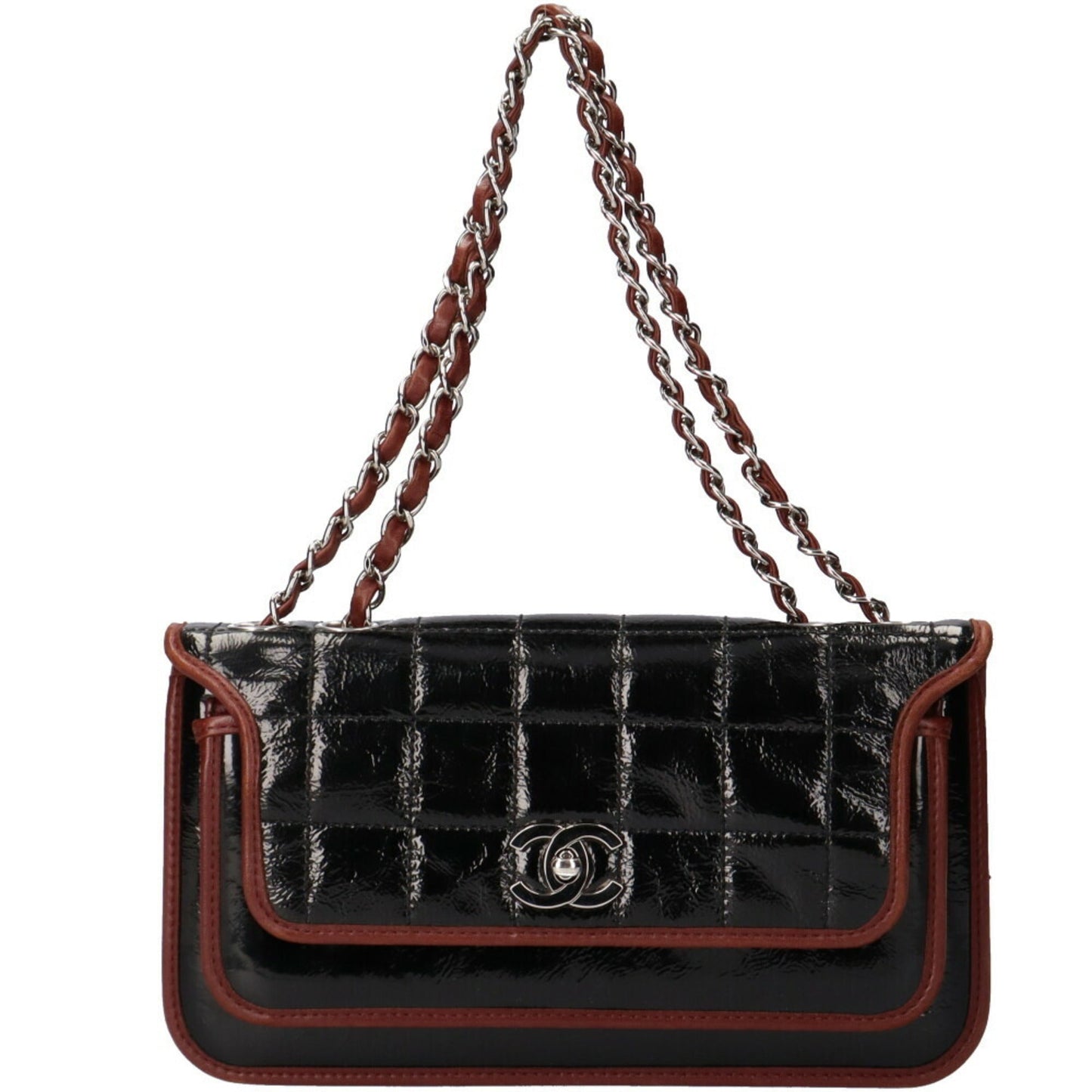 Luxury Chanel chain shoulder chocolate bar bag patent leather black ladies