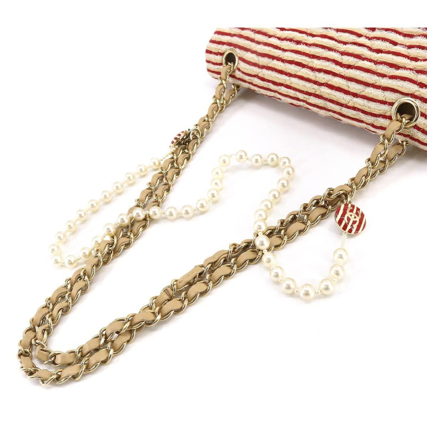 Luxury Chanel Coco Sailor Matelasse Chain Shoulder Bag Pearl Strap Canvas Leather Beige Red Border A90100