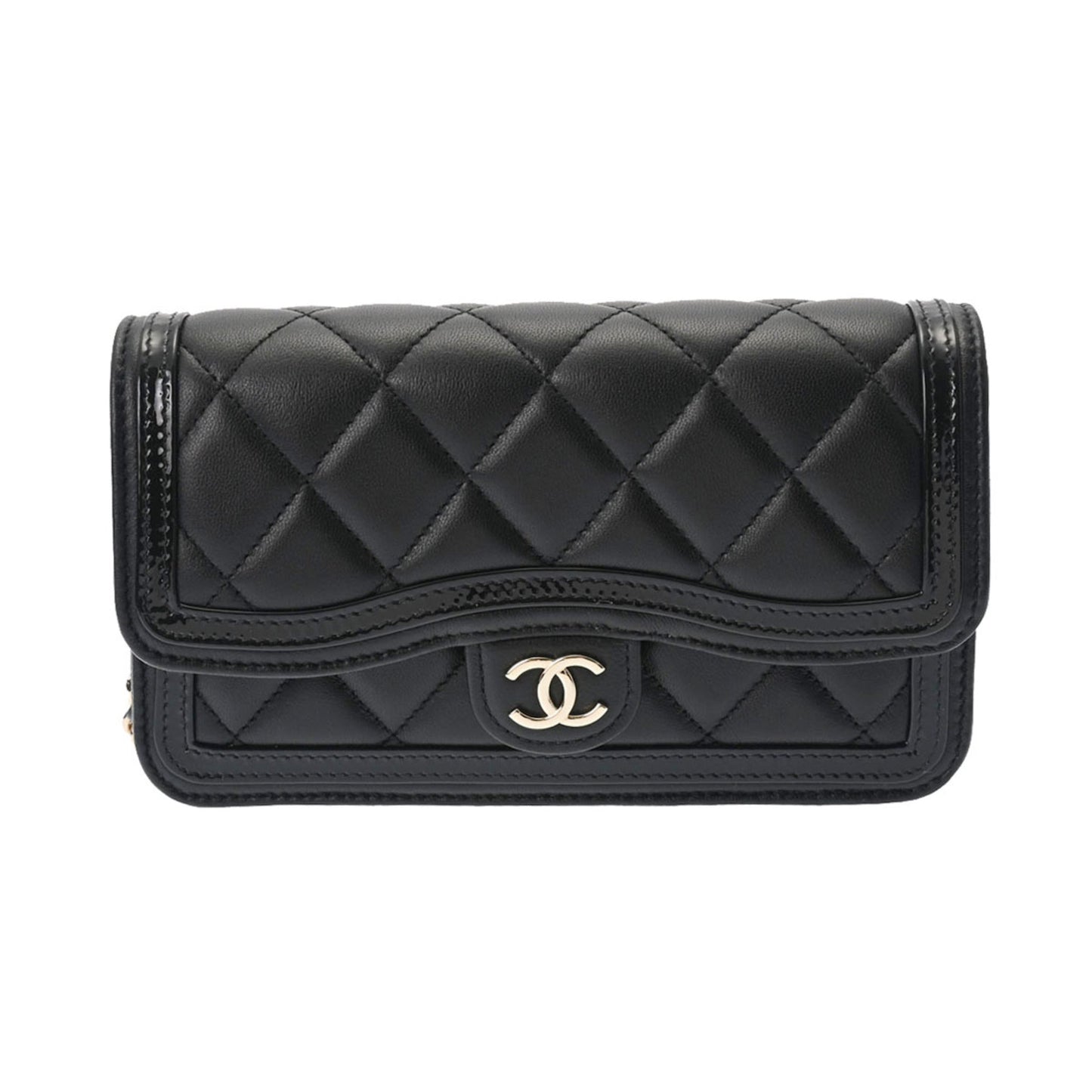 Luxury Chanel Matelasse Phone Case Black AP3559 Ladies Lambskin Enamel Shoulder Bag