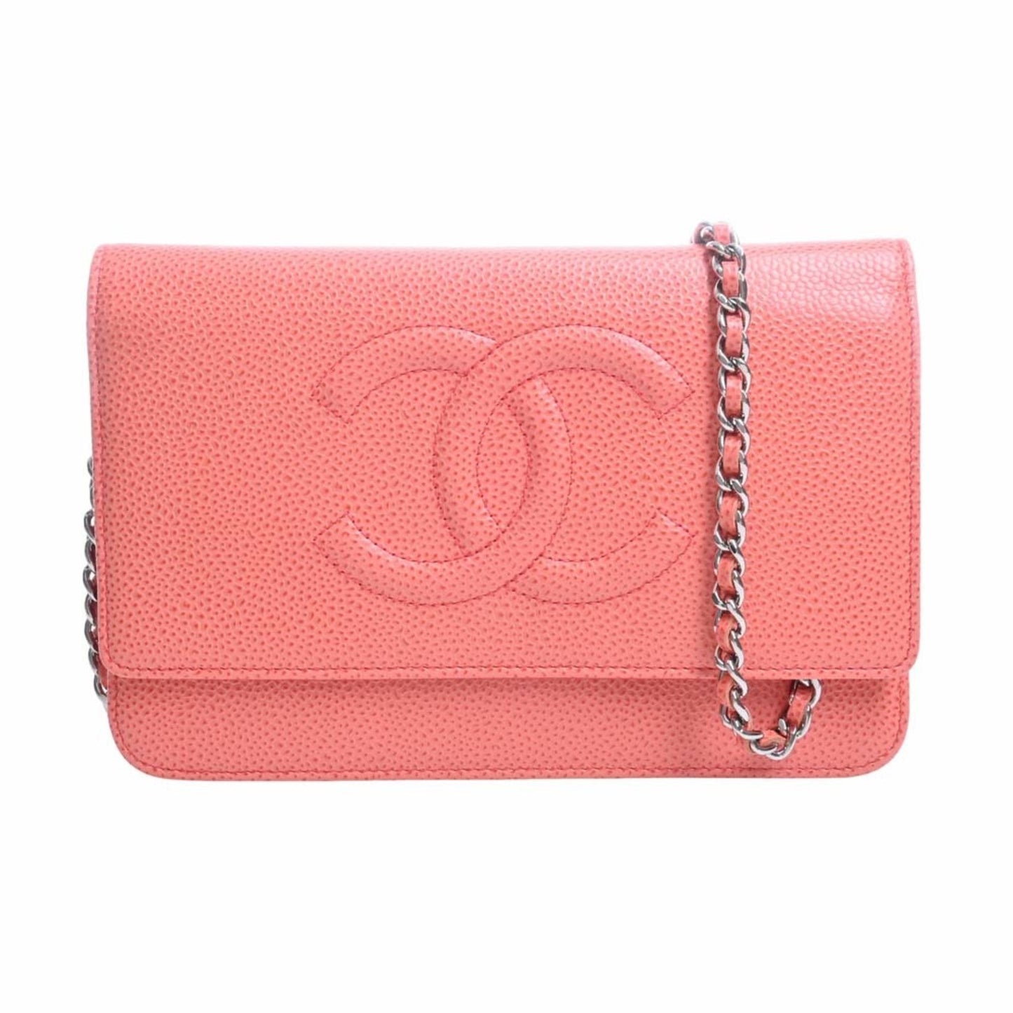 Luxury Chanel Caviar Skin Coco Mark Chain Shoulder Long Wallet Orange Ladies