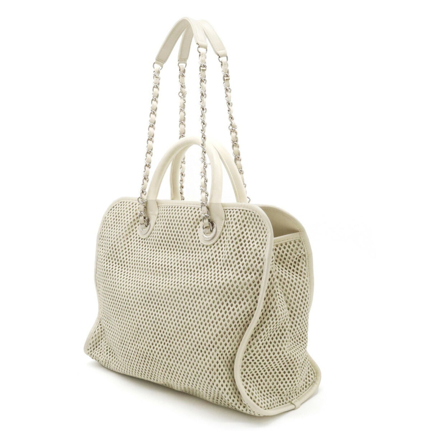Luxury Chanel Coco Mark Perforated Mesh Handbag Tote Bag Shoulder Chain Leather Ivory