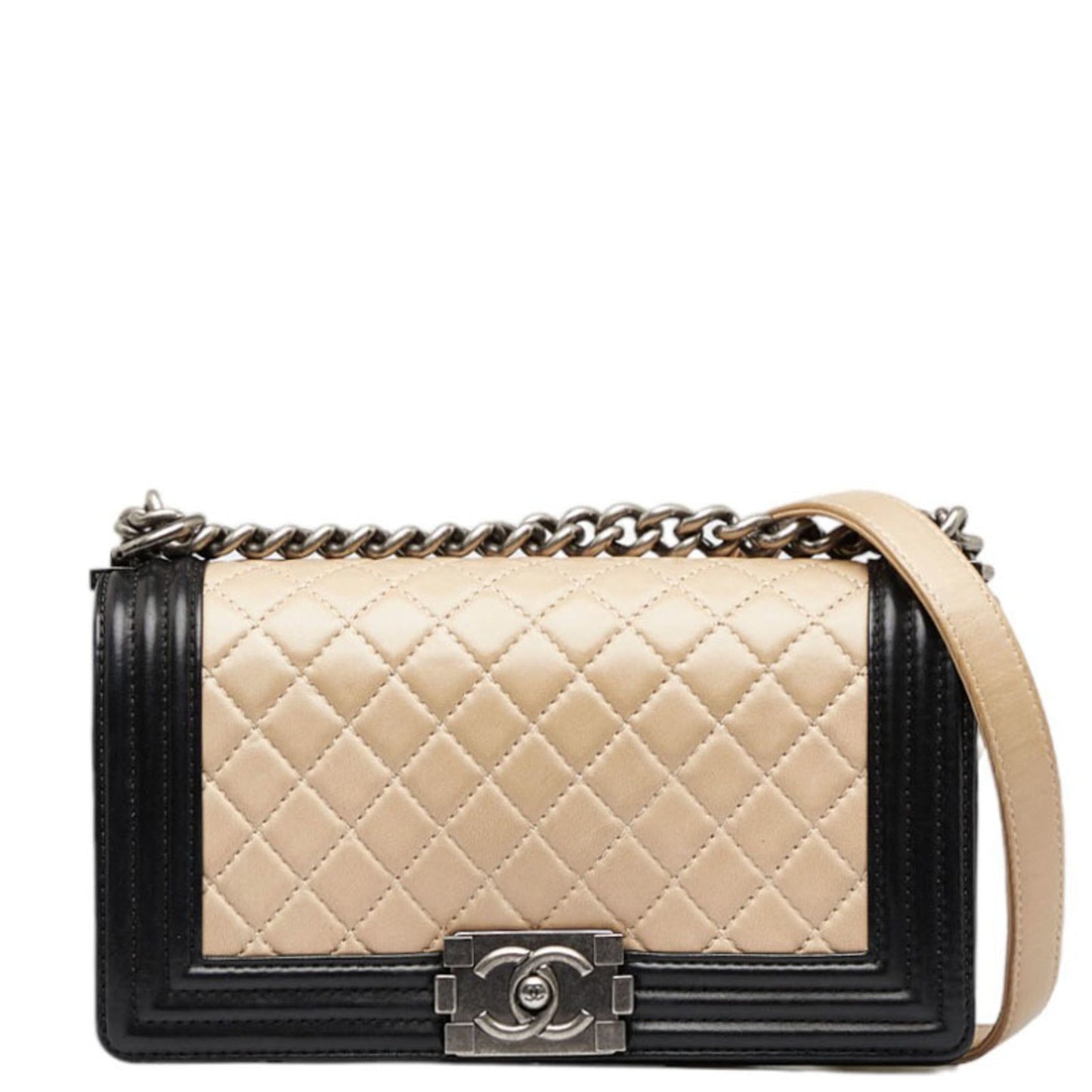 Luxury Chanel Boy Coco Mark Bicolor Chain Shoulder Bag Beige Black Lambskin Ladies