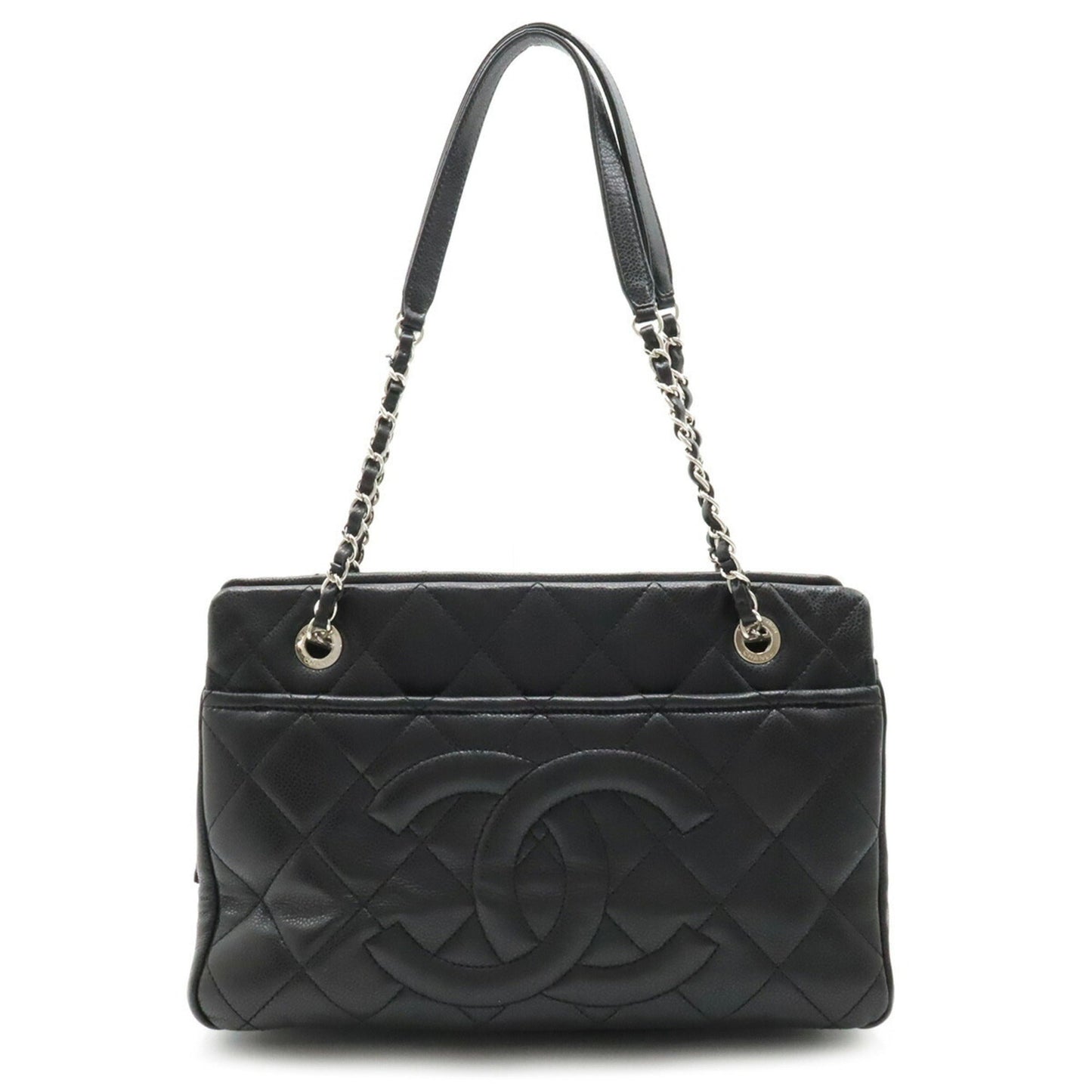 Luxury Chanel Matelasse Coco Mark Chain Tote Bag Shoulder Caviar Skin Leather Black A67294