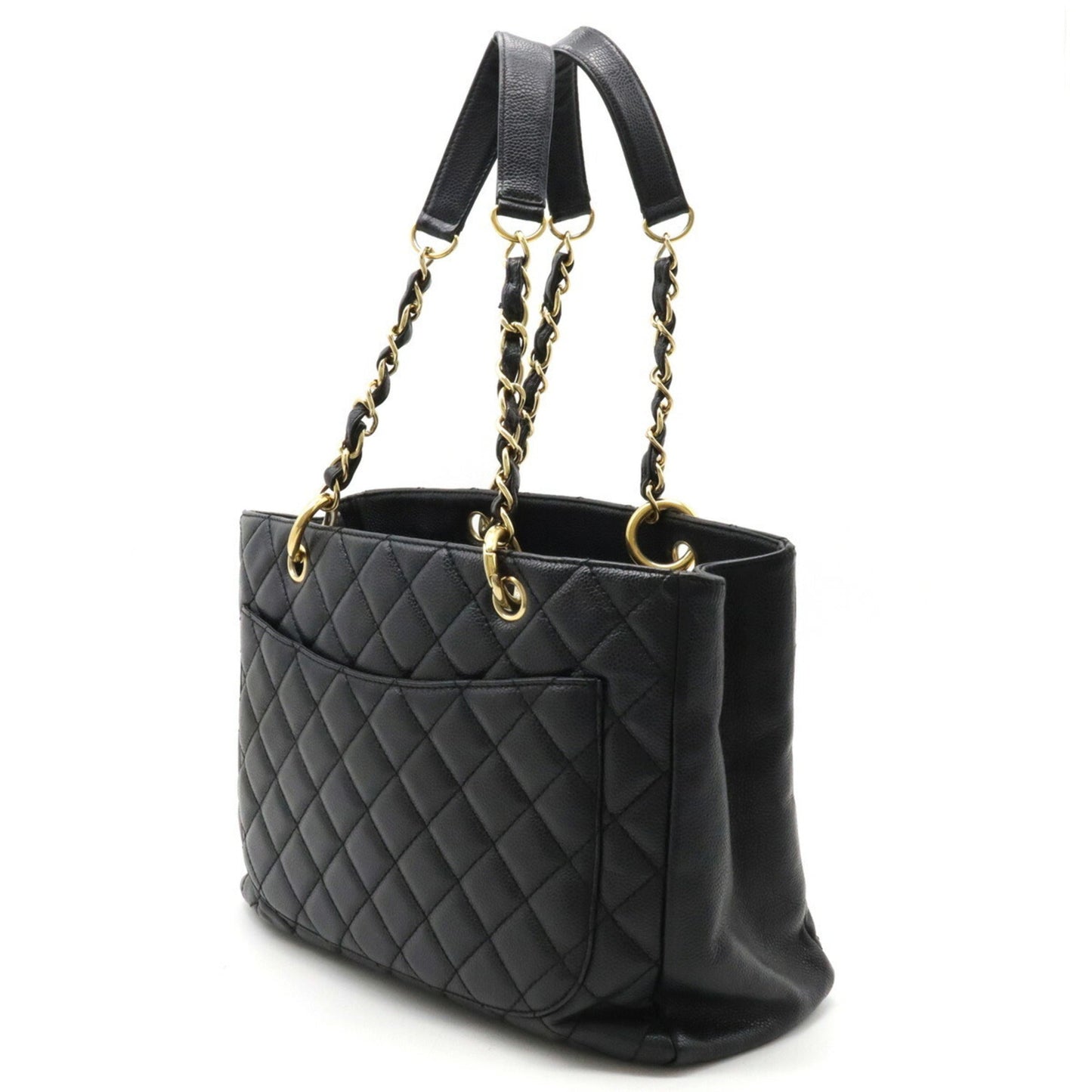 Luxury Chanel Matelasse Coco Mark Chain Tote Bag Shoulder Caviar Skin Leather Black A50995