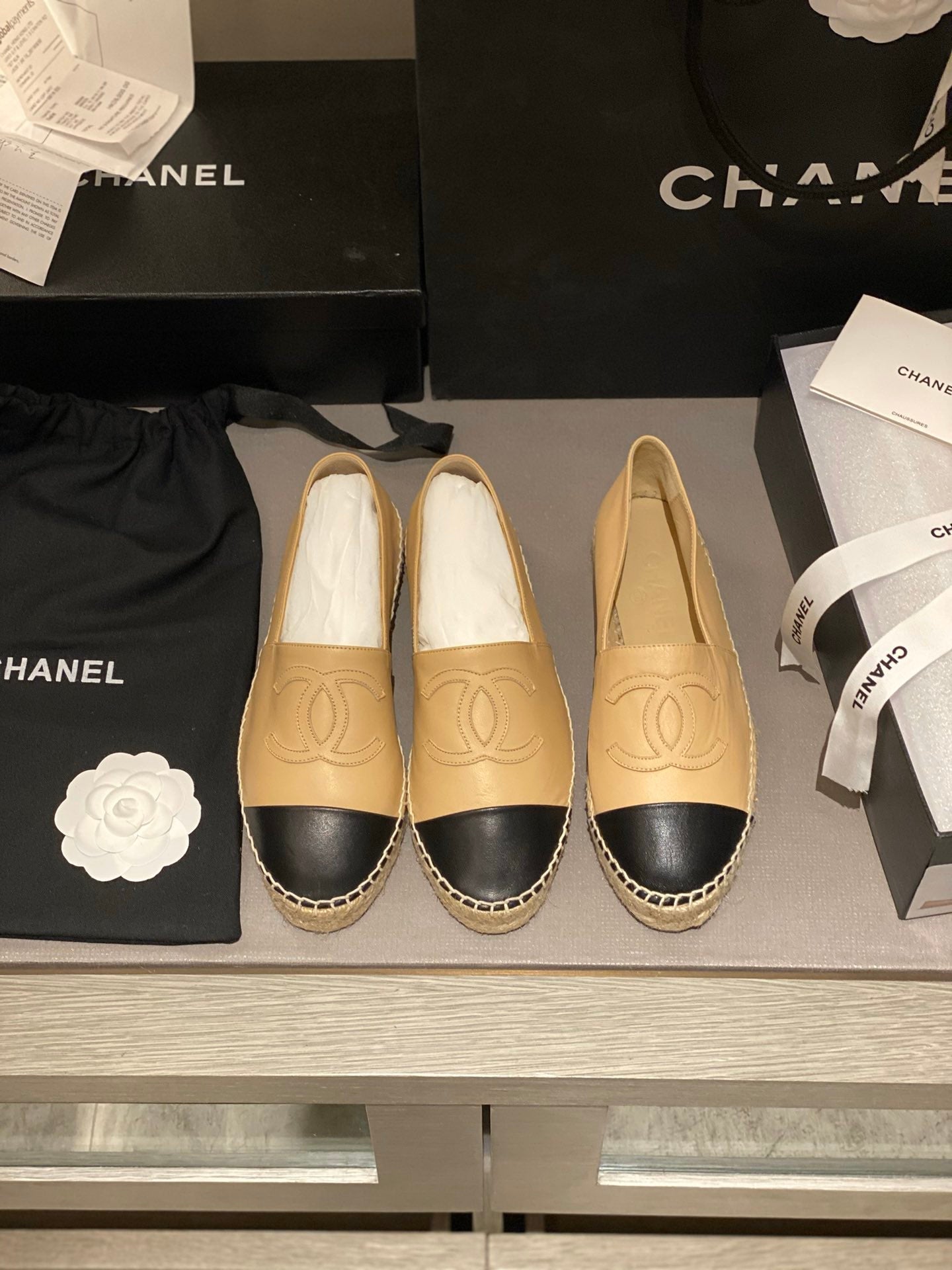 Luxury Chanel espadrilles beige black calfskin