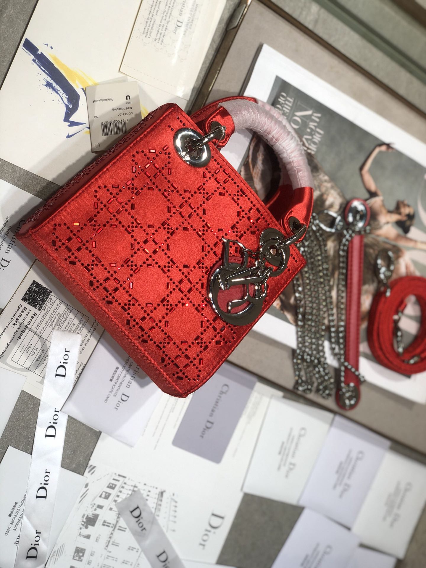 Luxury DiorLADY 24 HANDBAG EMBOSSED DIAMOND IN CHERRY RED CALFSKIN