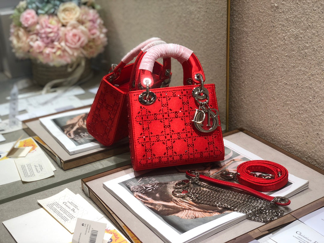 Luxury DiorLADY 24 HANDBAG EMBOSSED DIAMOND IN CHERRY RED CALFSKIN