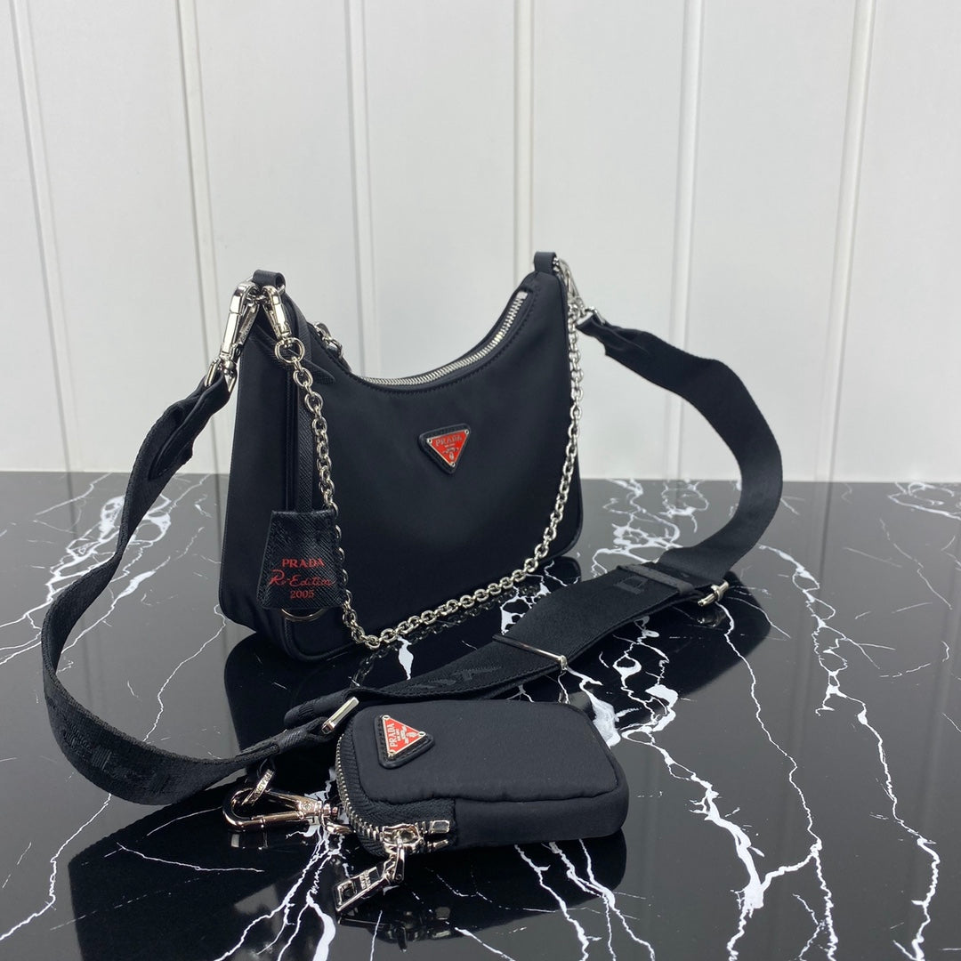 Luxury PradaHOBO 22 BAG IN BLACK RE-NYLON WITH RED LOGO