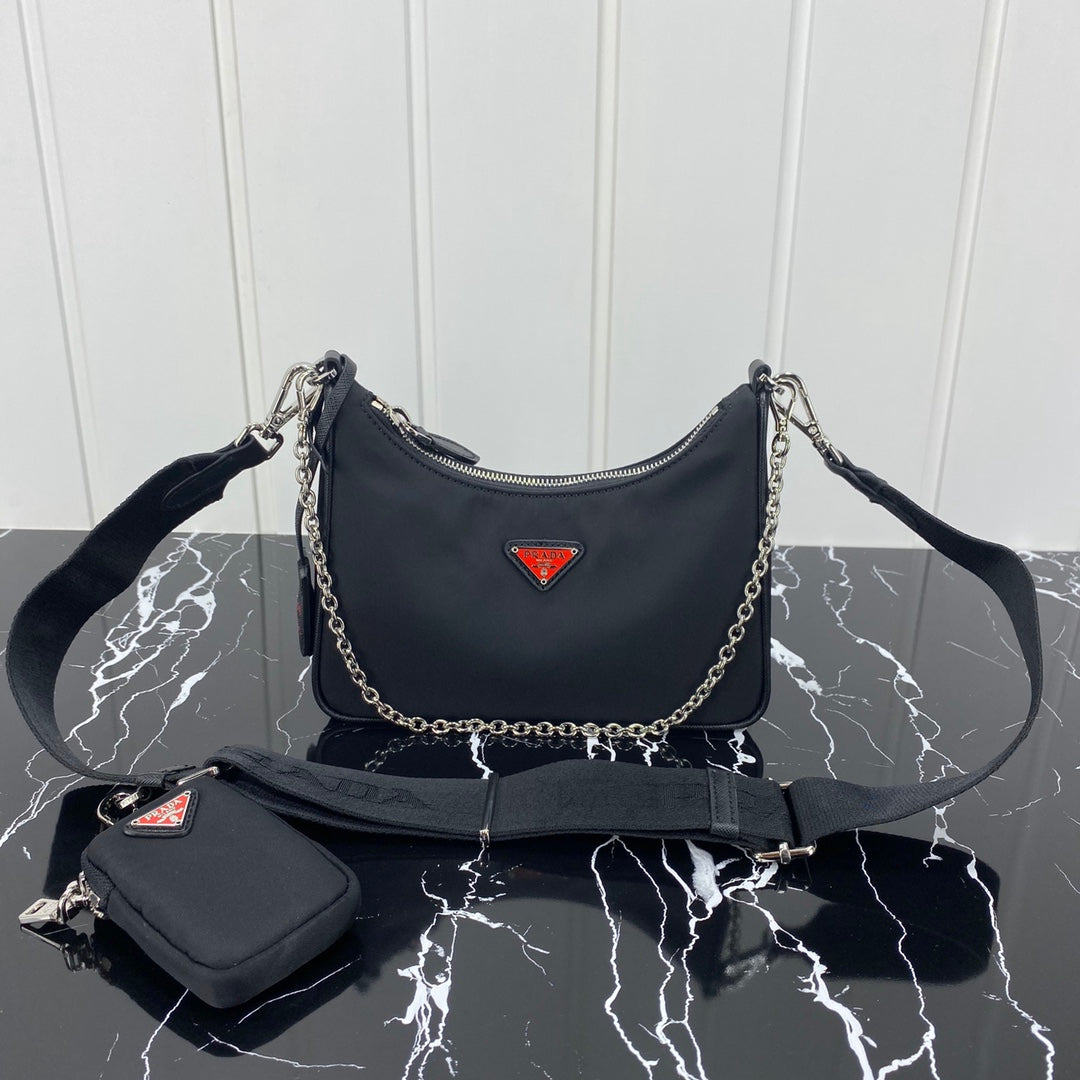 Luxury PradaHOBO 22 BAG IN BLACK RE-NYLON WITH RED LOGO