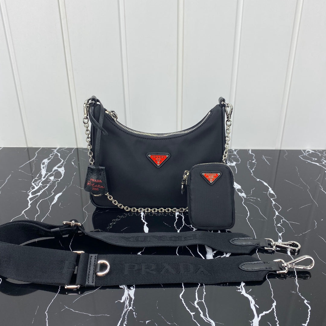 Luxury PradaHOBO 22 BAG IN BLACK RE-NYLON WITH RED LOGO