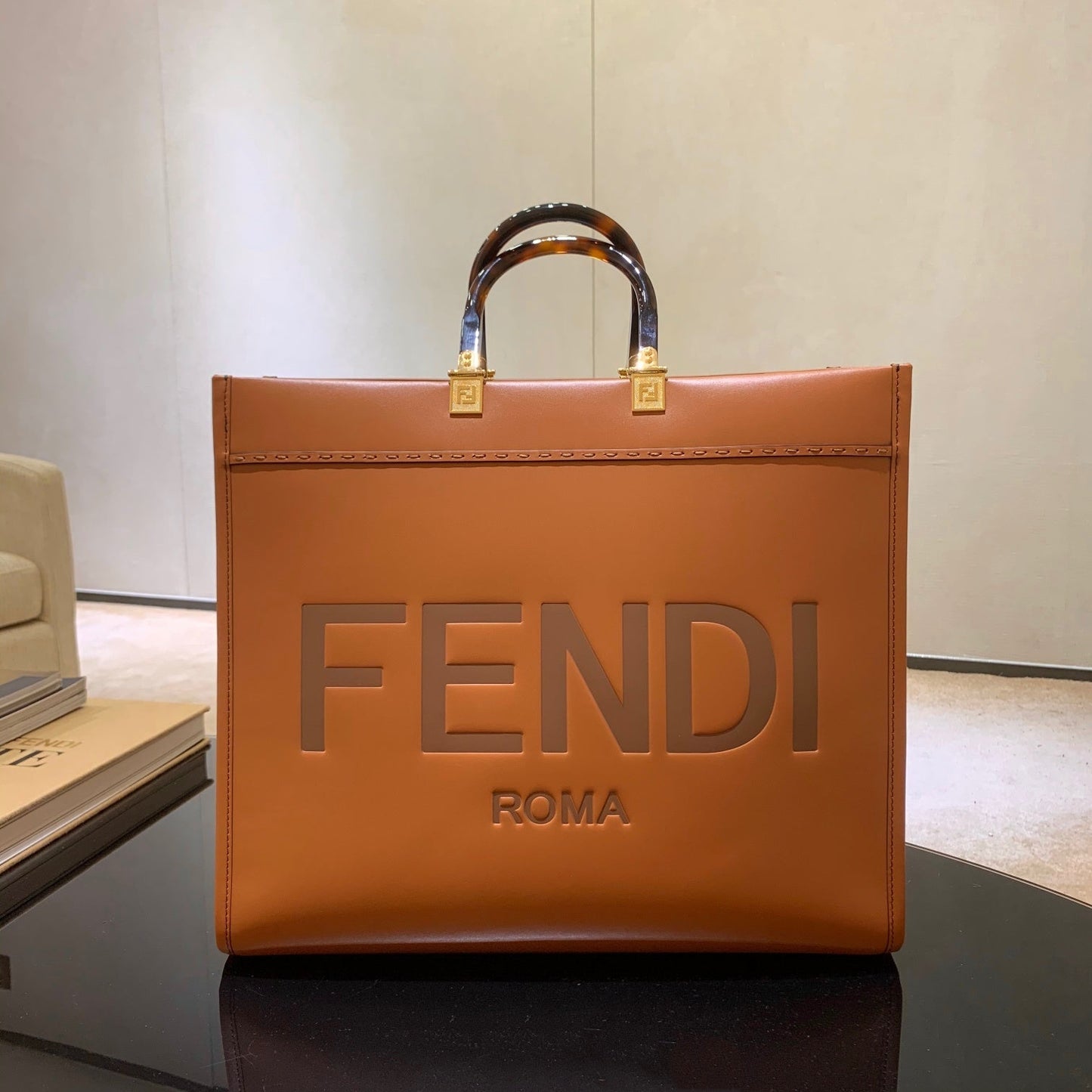 Luxury FendiSHINE 40 TOTE BAG IN CARROT ORANGE EMBOSSED CALFSKIN