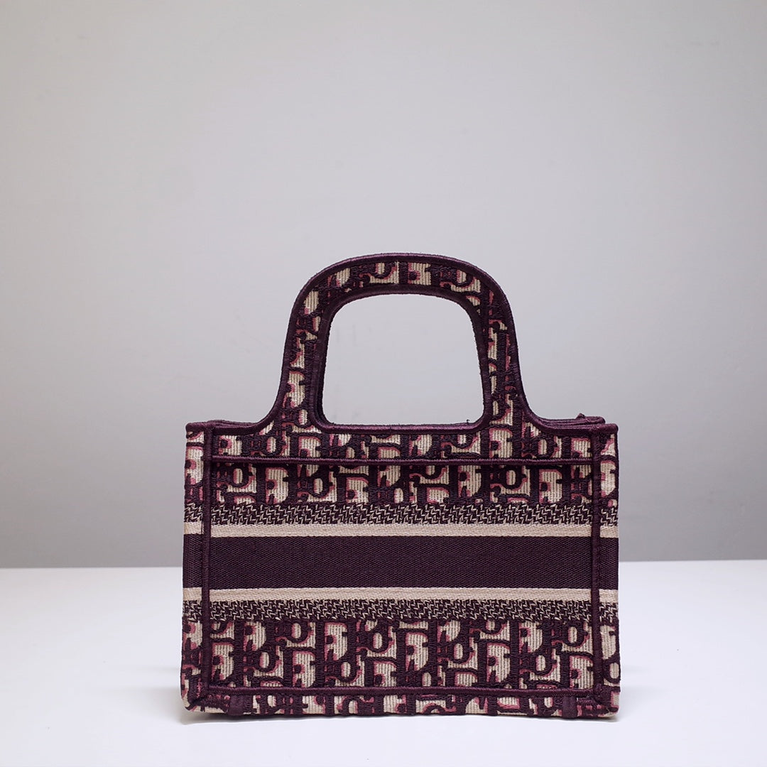 Luxury Diormini book tote 23cm burgundy beige embroidery canvas