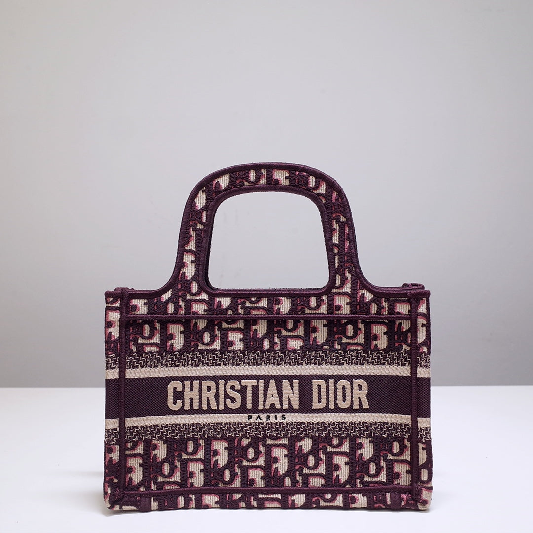 Luxury Diormini book tote 23cm burgundy beige embroidery canvas