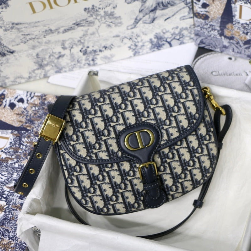 Luxury DiorMEDIUM BOBBY 22CM BLUE OBLIQUE EMBROIDEDERED CANVAS GOLD HARDWARE