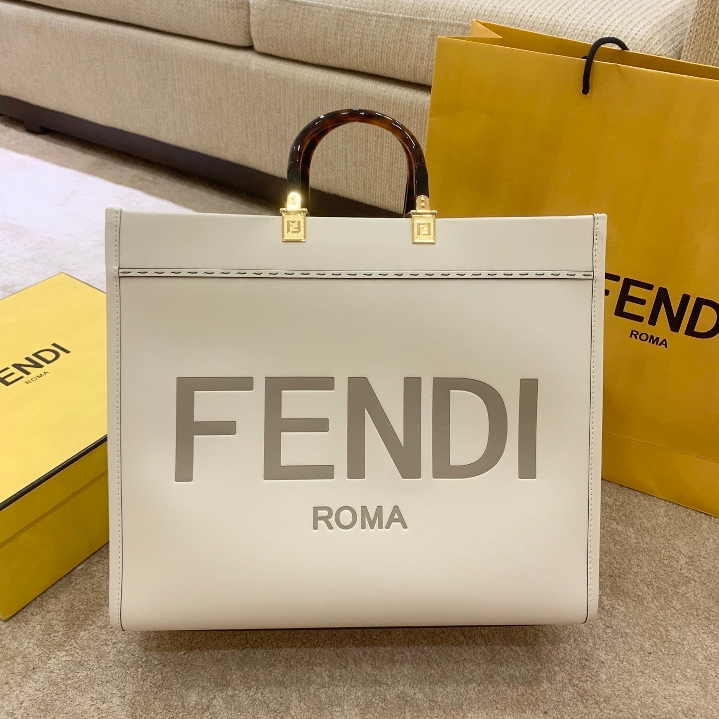 Luxury FendiSHINE 40 TOTE BAG IN WHITE EMBOSSED CALFSKIN