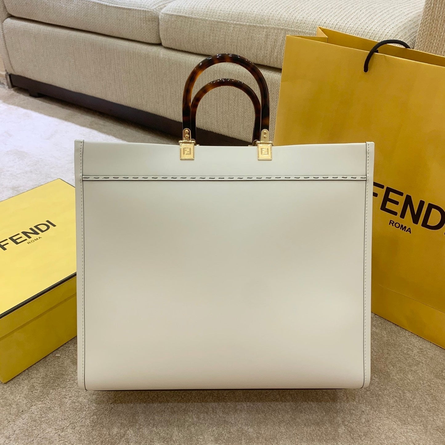 Luxury FendiSHINE 40 TOTE BAG IN WHITE EMBOSSED CALFSKIN