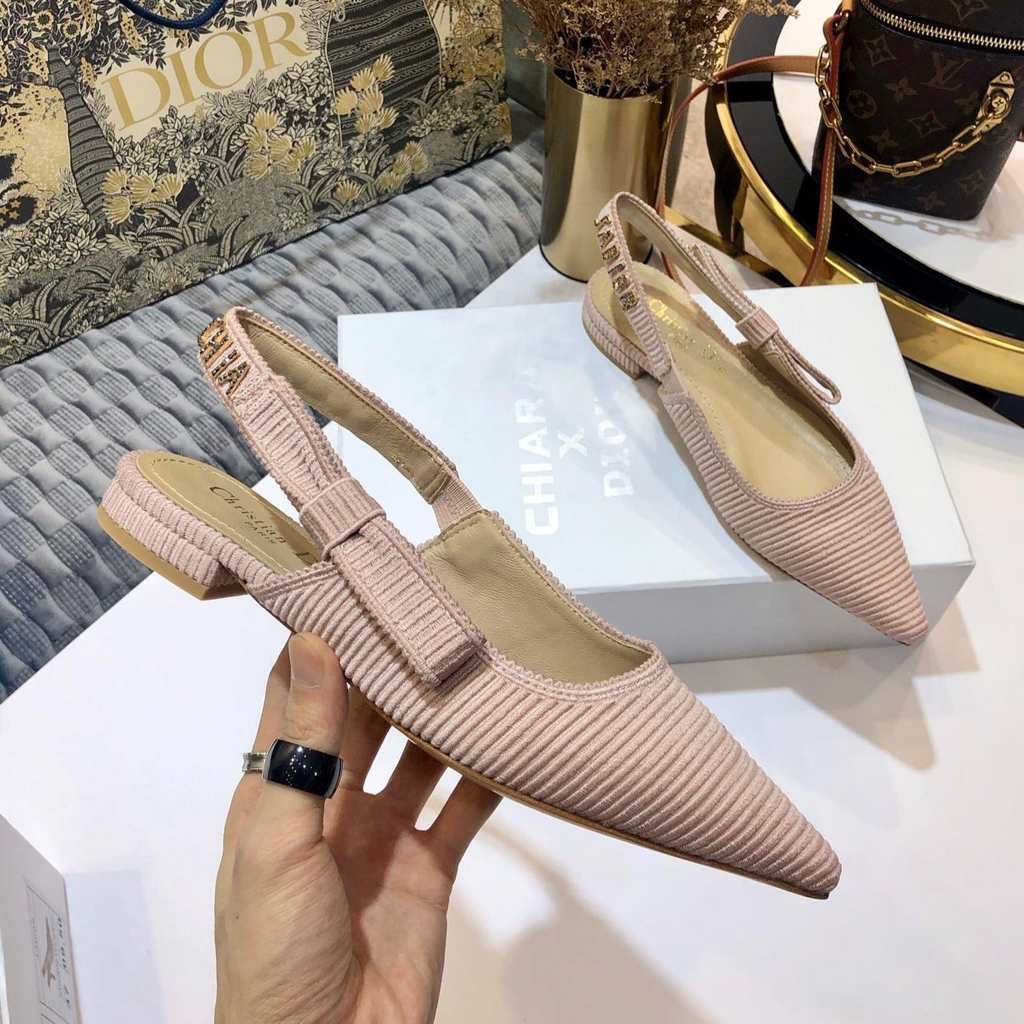 Luxury DiorJA Luxury Diorslingback flat all rose canelle embroidered cotton
