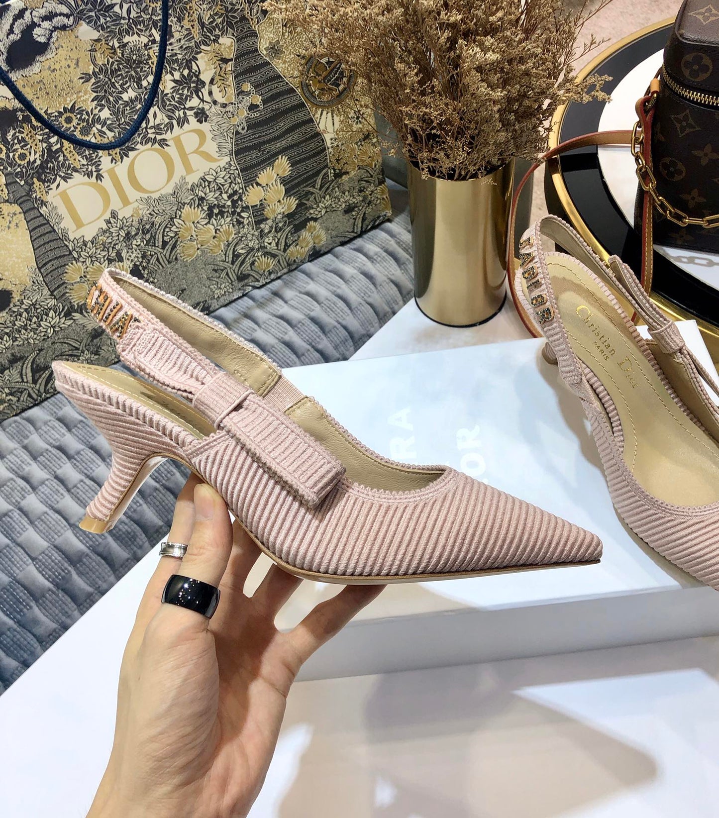 Luxury DiorJA Luxury Diorslingback pumps 65 all rose canelle embroidered cotton