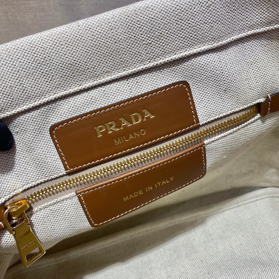 Luxury PradaTOTE BAG 33 IN WHITE CANVAS AND BROWN CALFSKIN HANDLE