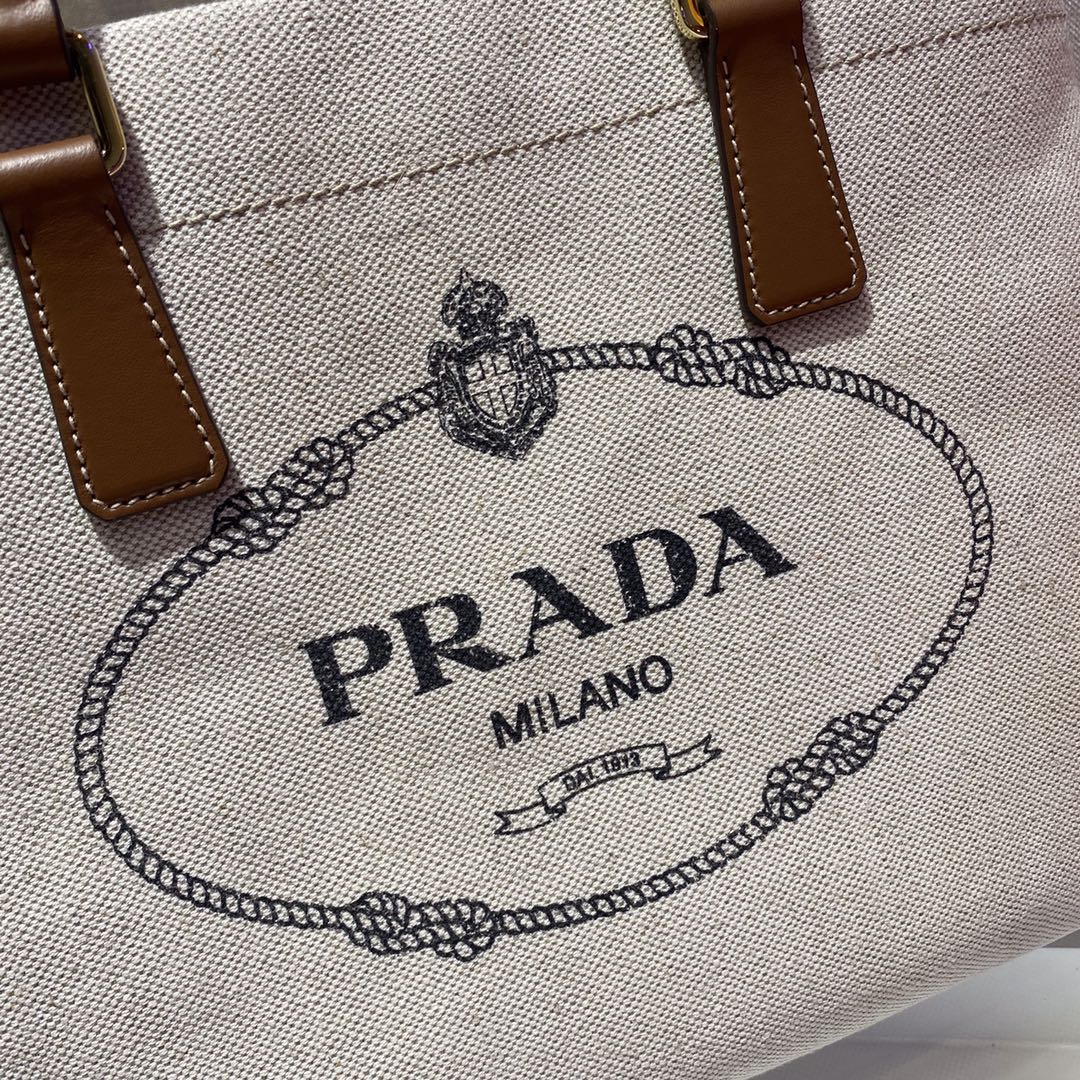 Luxury PradaTOTE BAG 33 IN WHITE CANVAS AND BROWN CALFSKIN HANDLE