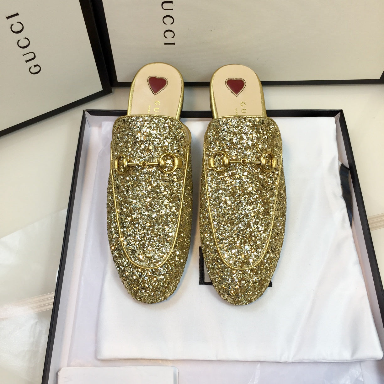 Luxury Gucci GG PrinceTown Gold Metalic Glitter Mule