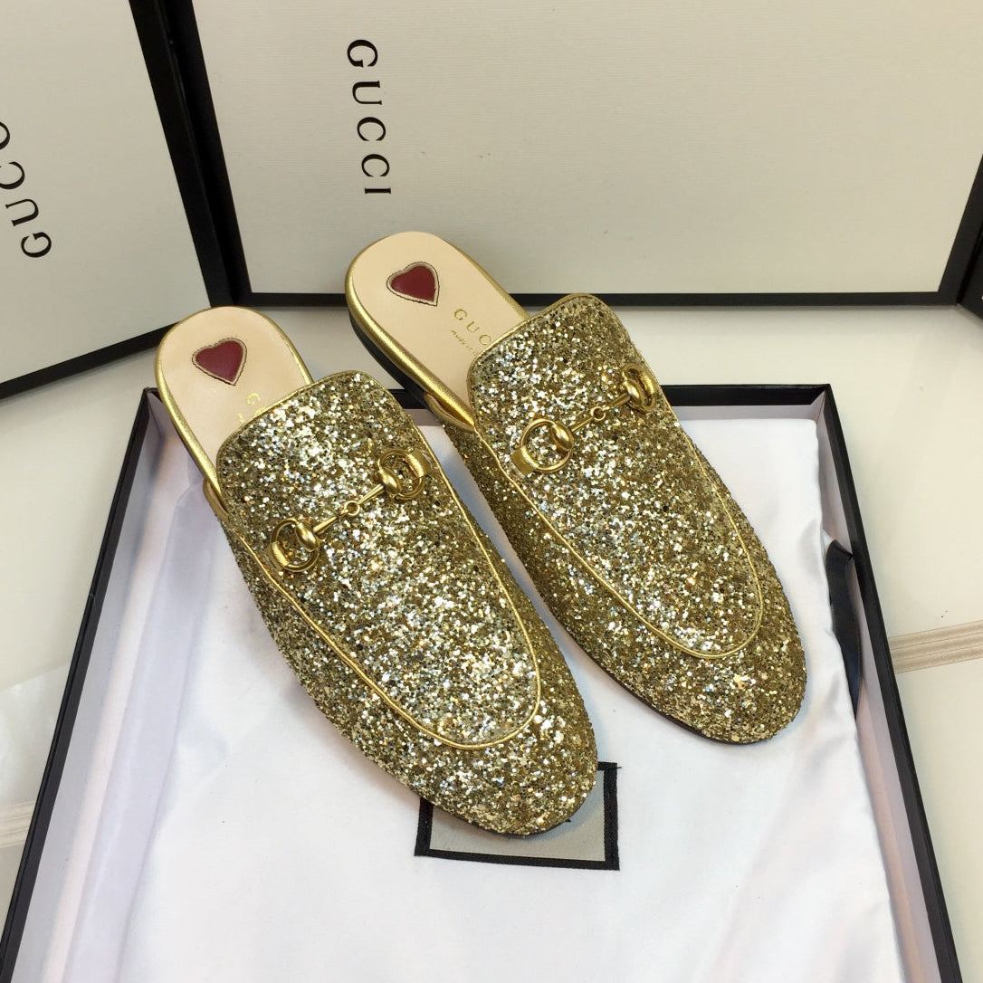 Luxury Gucci GG PrinceTown Gold Metalic Glitter Mule