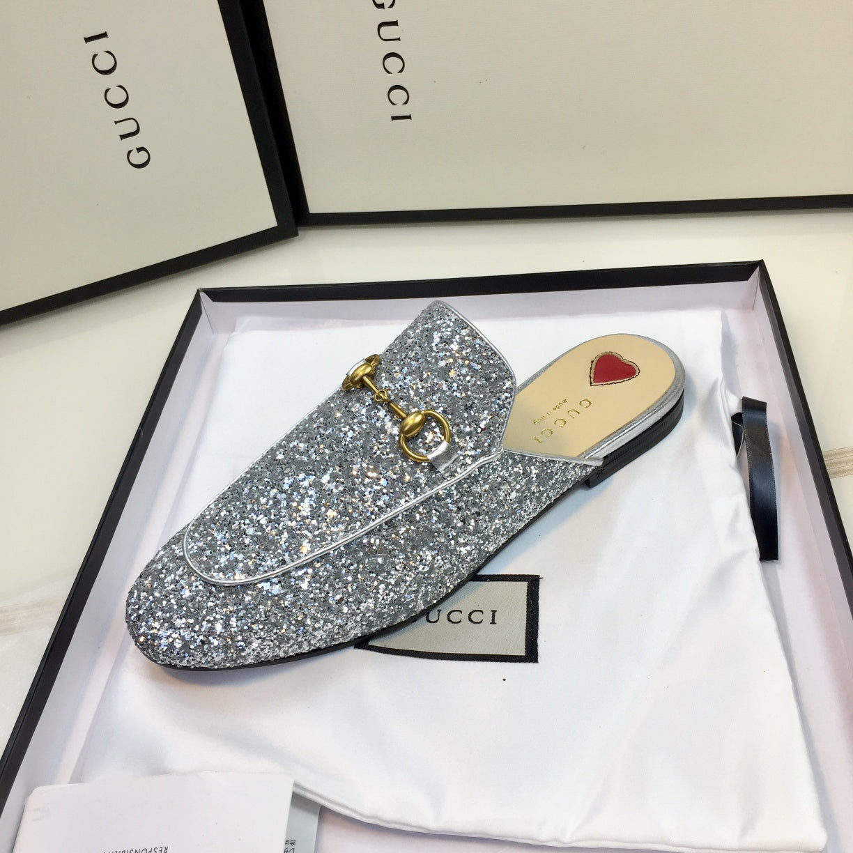 Luxury Gucci GG PrinceTown Silver Metalic Glitter Mule