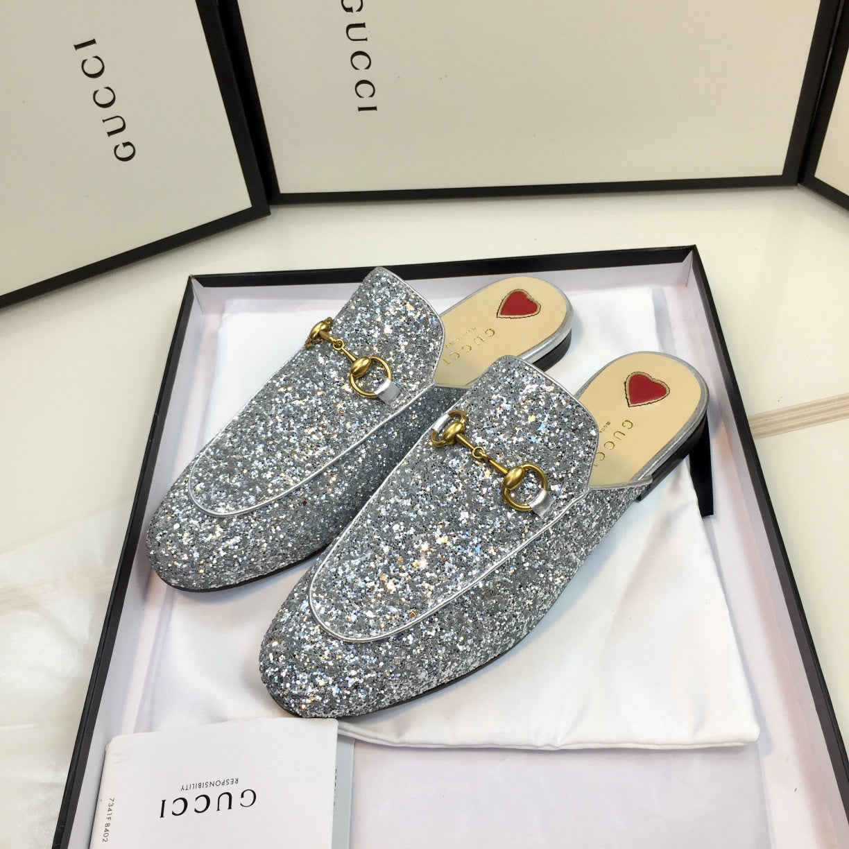 Luxury Gucci GG PrinceTown Silver Metalic Glitter Mule