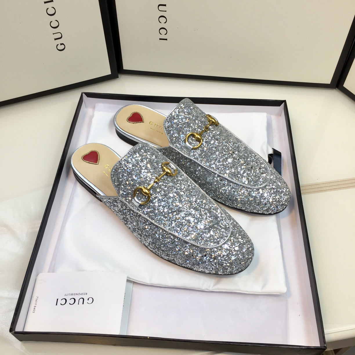 Luxury Gucci GG PrinceTown Silver Metalic Glitter Mule