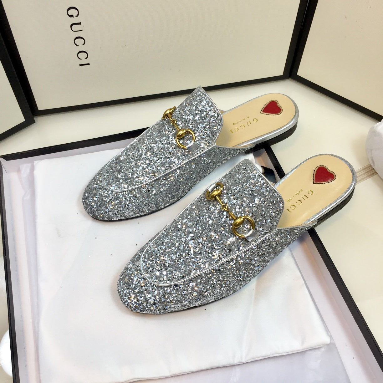 Luxury Gucci GG PrinceTown Silver Metalic Glitter Mule
