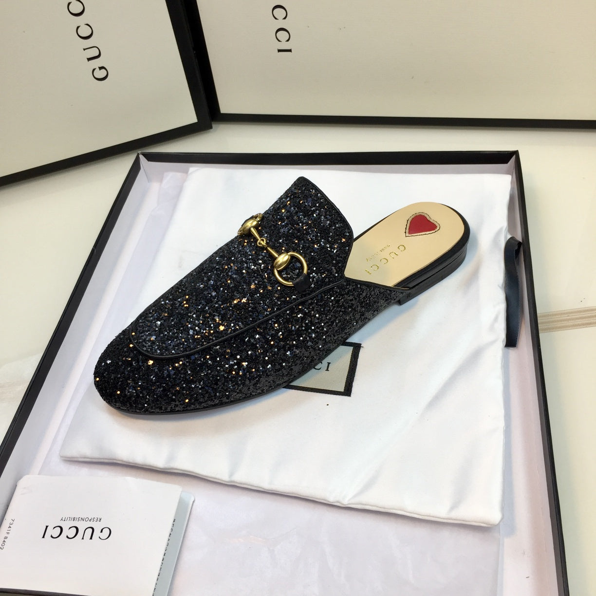 Luxury Gucci GG PrinceTown Black Glitter Mule