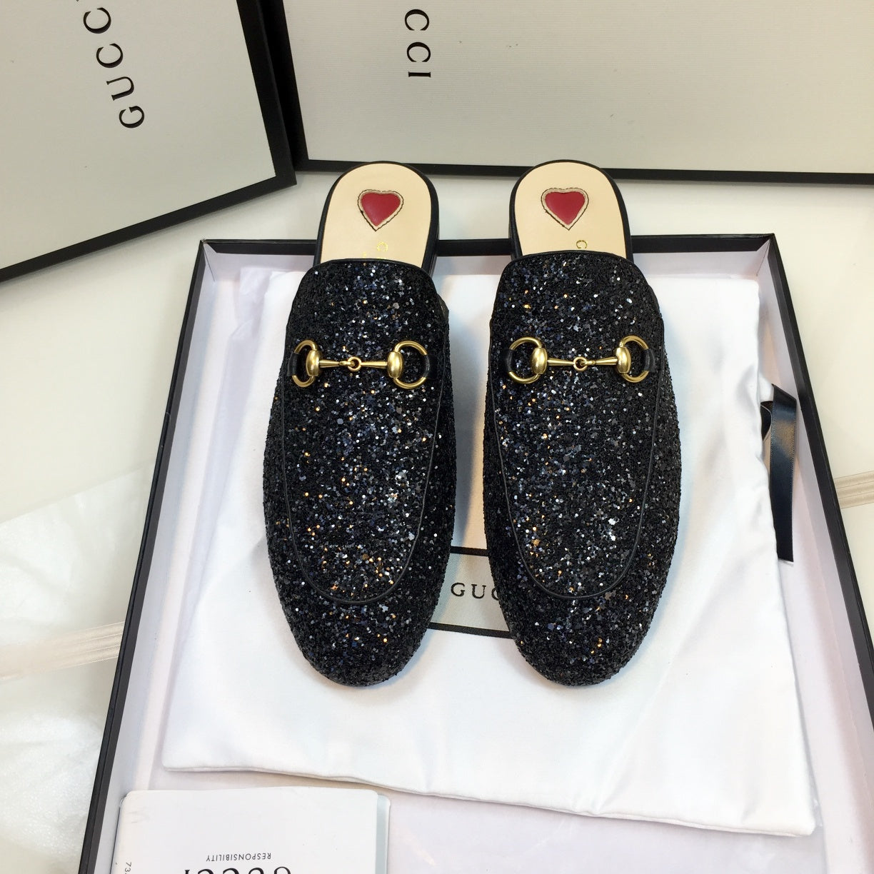 Luxury Gucci GG PrinceTown Black Glitter Mule