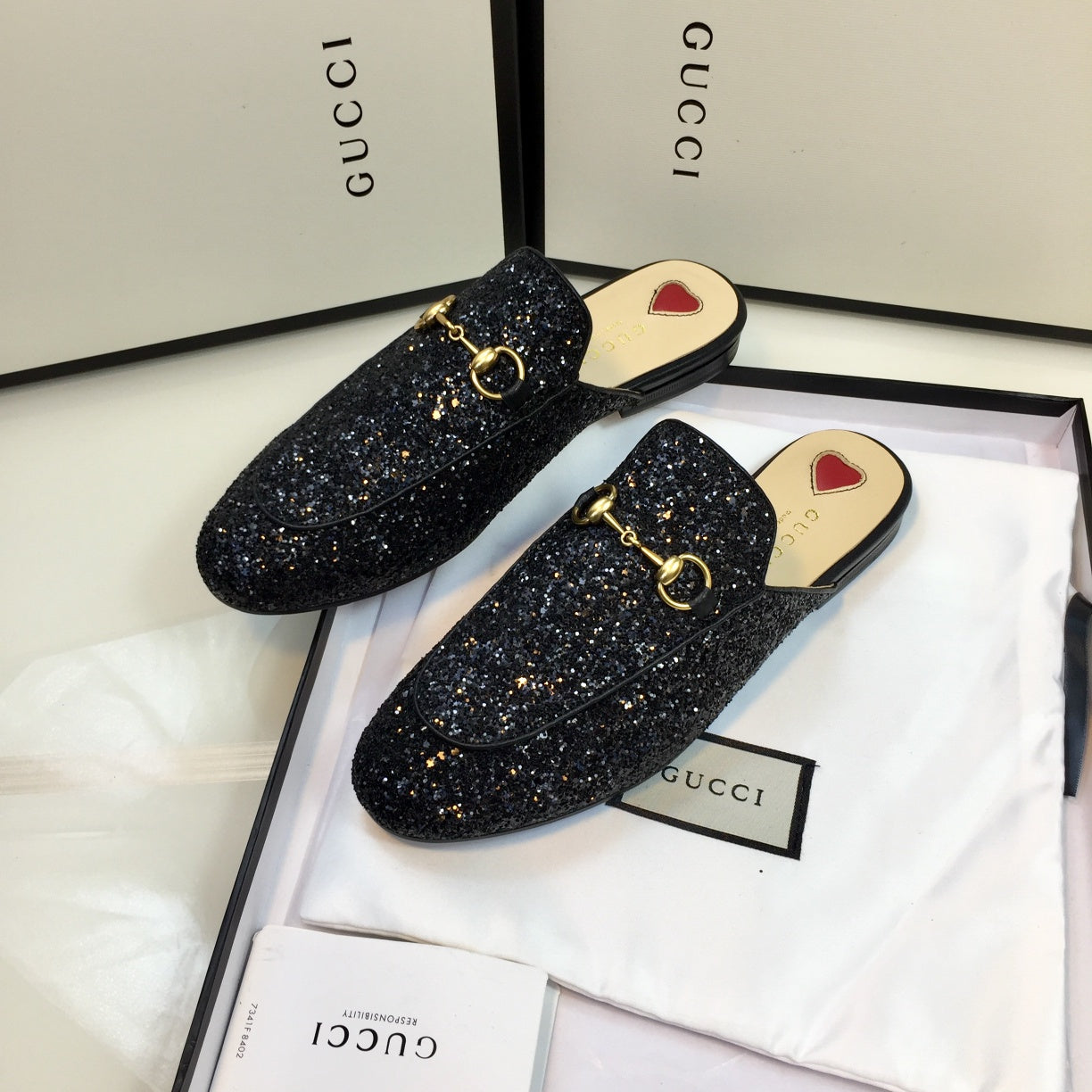 Luxury Gucci GG PrinceTown Black Glitter Mule