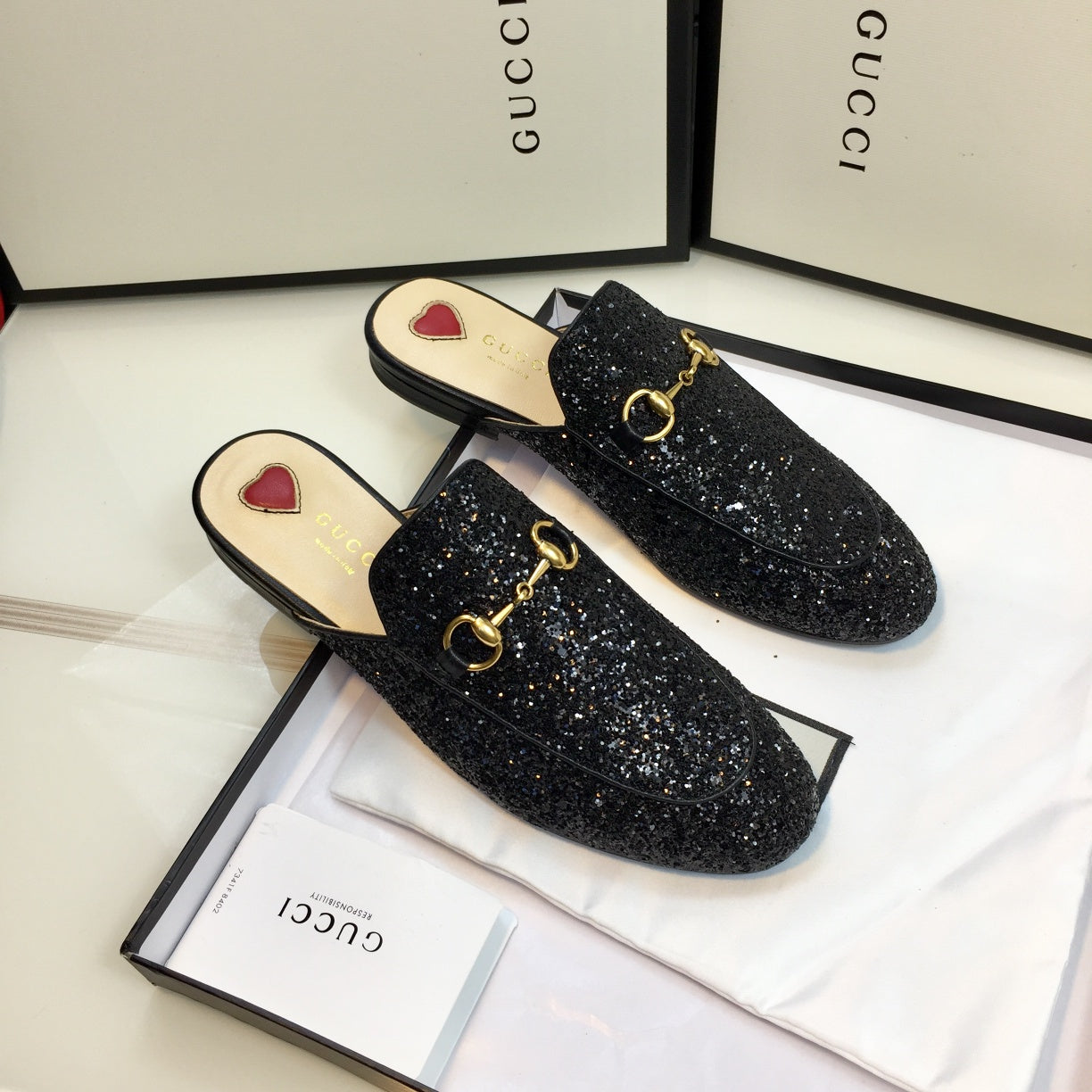 Luxury Gucci GG PrinceTown Black Glitter Mule
