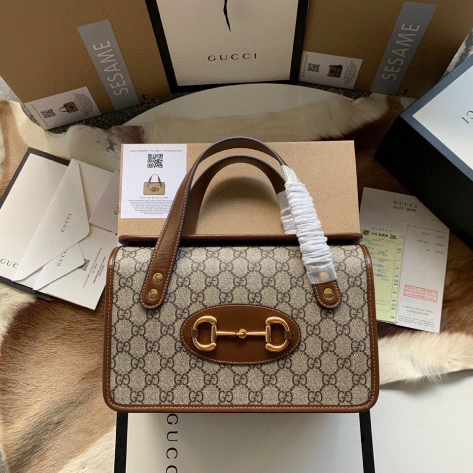 Luxury Gucci GG HORSEBIT 1955 SMALL 27 BAG IN BEIGE CANVAS AND BROWN CALFSKIN