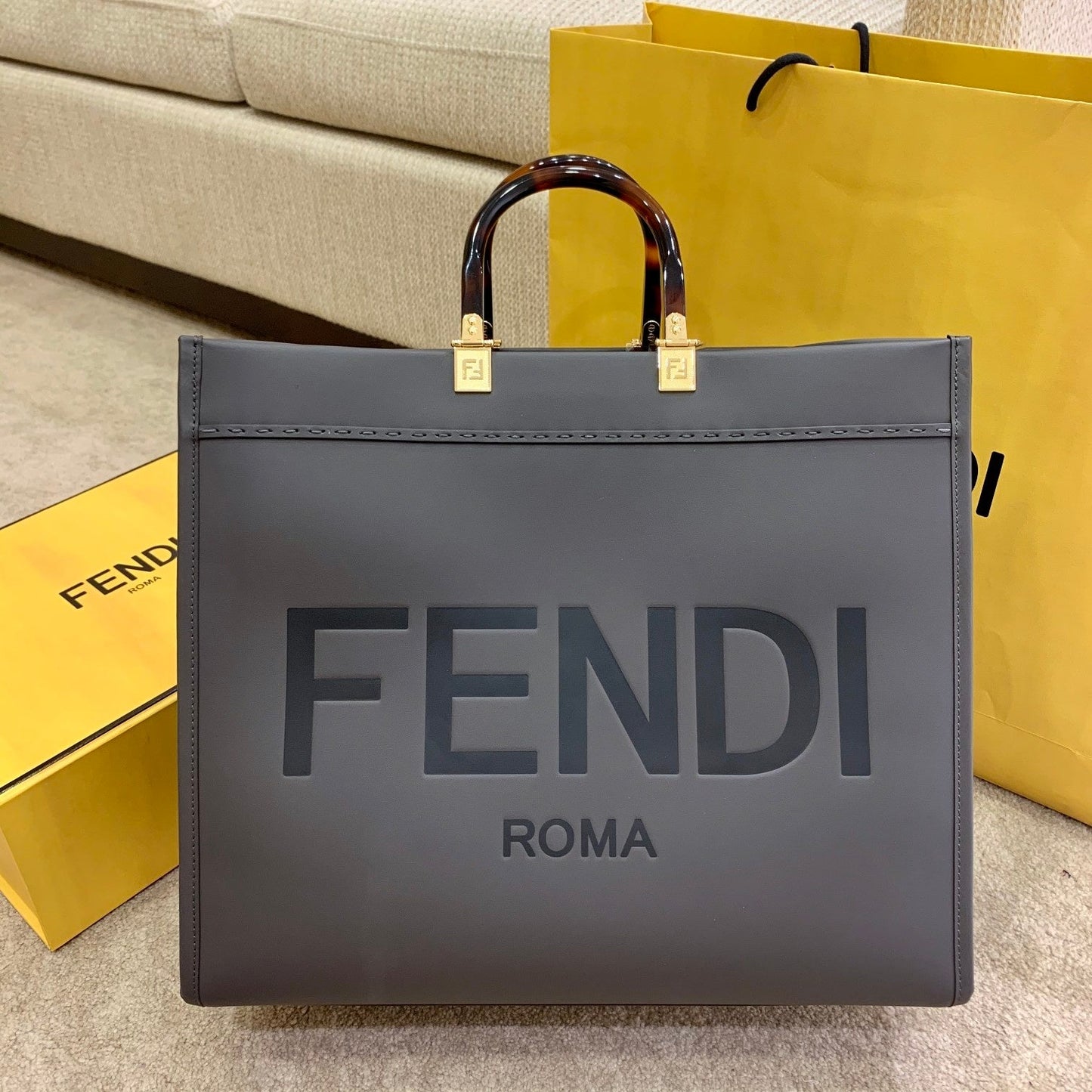 Luxury FendiSHINE 40 TOTE BAG IN STONE GREEN EMBOSSED CALFSKIN