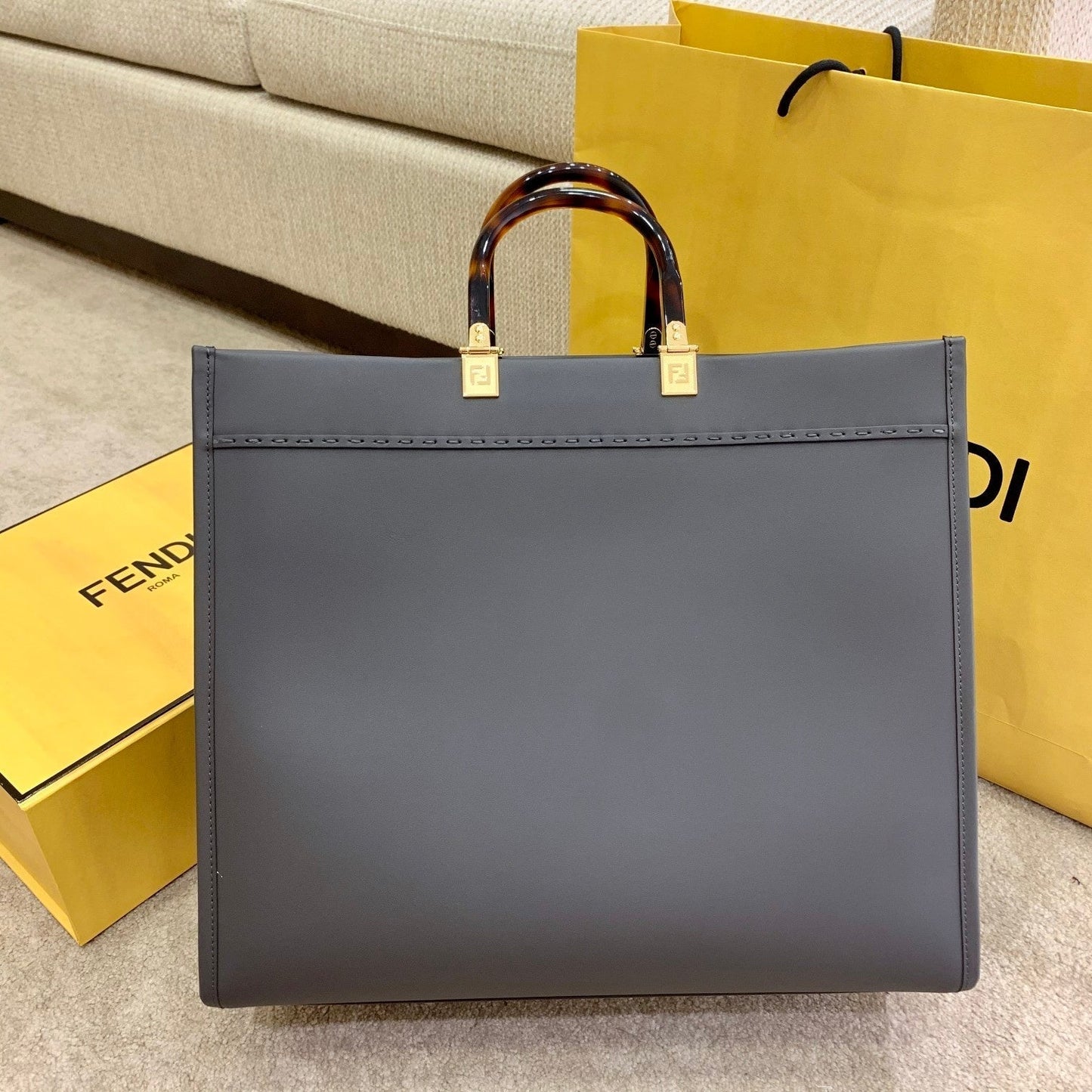 Luxury FendiSHINE 40 TOTE BAG IN STONE GREEN EMBOSSED CALFSKIN
