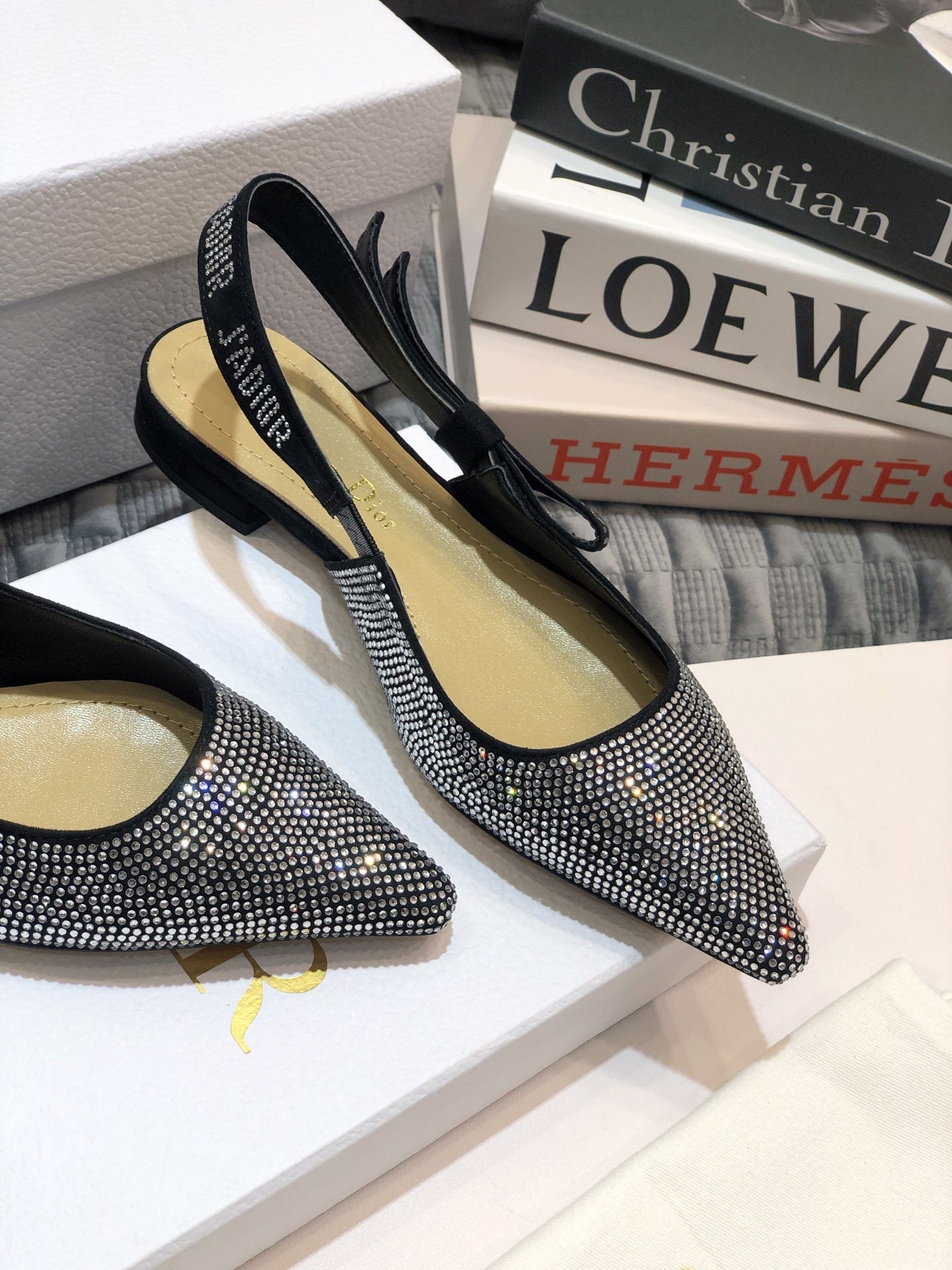 Luxury DiorJA Luxury Diorslingback flat black full diamond crystal and seude
