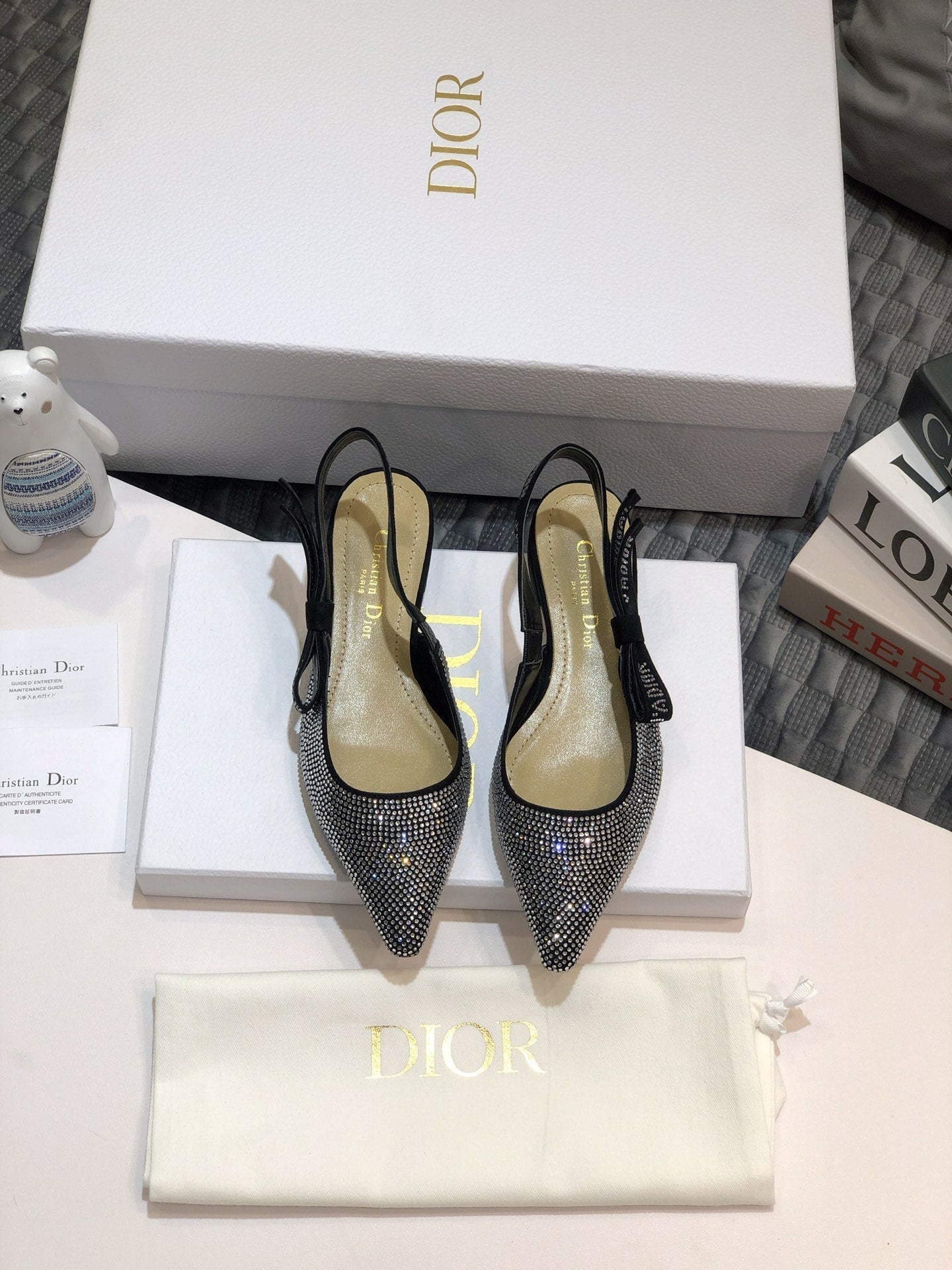 Luxury DiorJA Luxury Diorslingback flat black full diamond crystal and seude