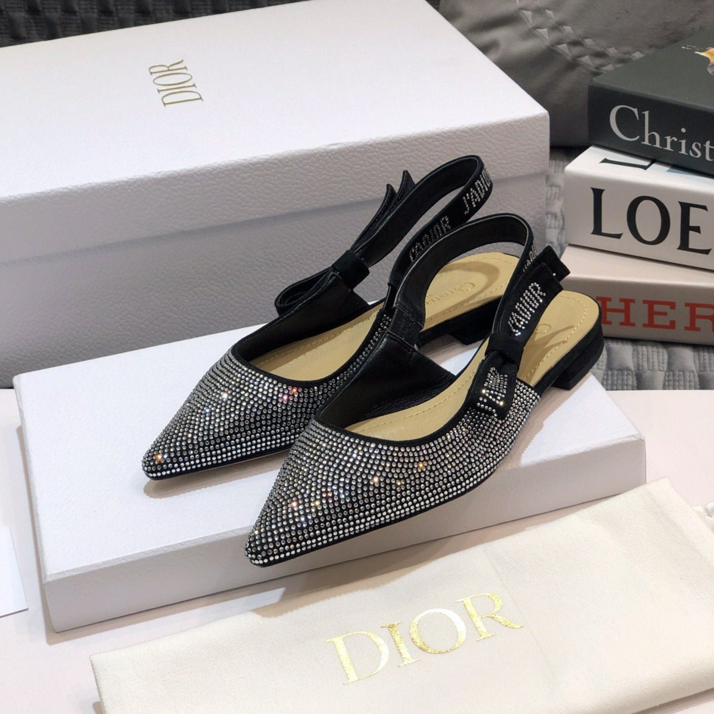 Luxury DiorJA Luxury Diorslingback flat black full diamond crystal and seude